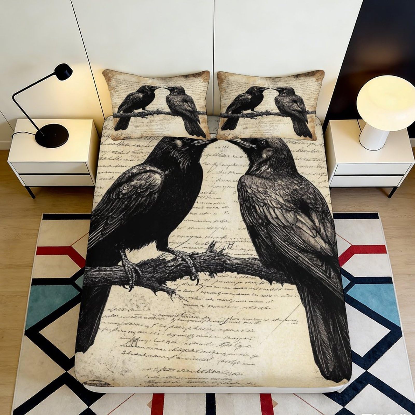 3D Printed Vintage Raven Fitted Sheet Microfiber Soft Bedroom Decor Gothic Crow Mattress Cover Washable 90x200x25cm