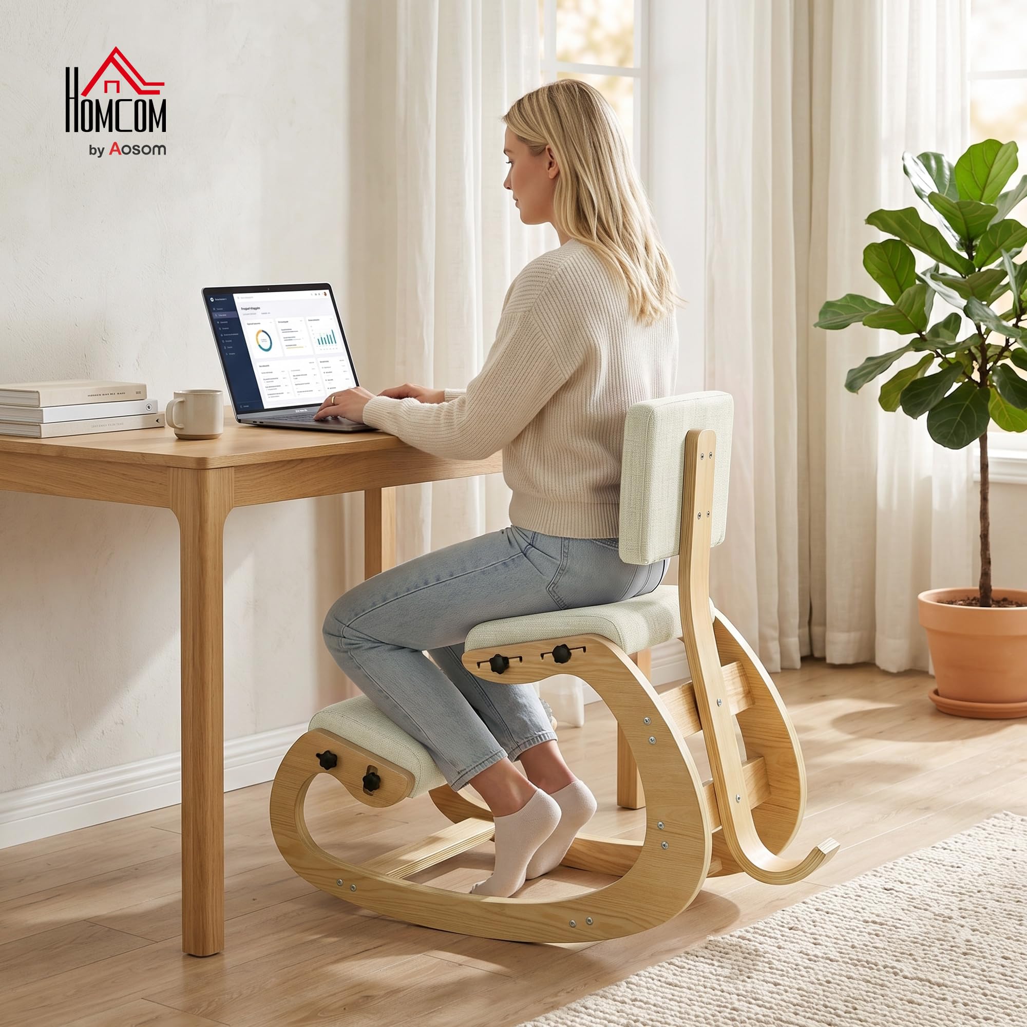 HOMCOM Silla ergonómica de Rodillas con Respaldo, Base Mecedora de Abedul, Tela Tipo Lino y Espuma, para casa/Oficina, Blanco Crema