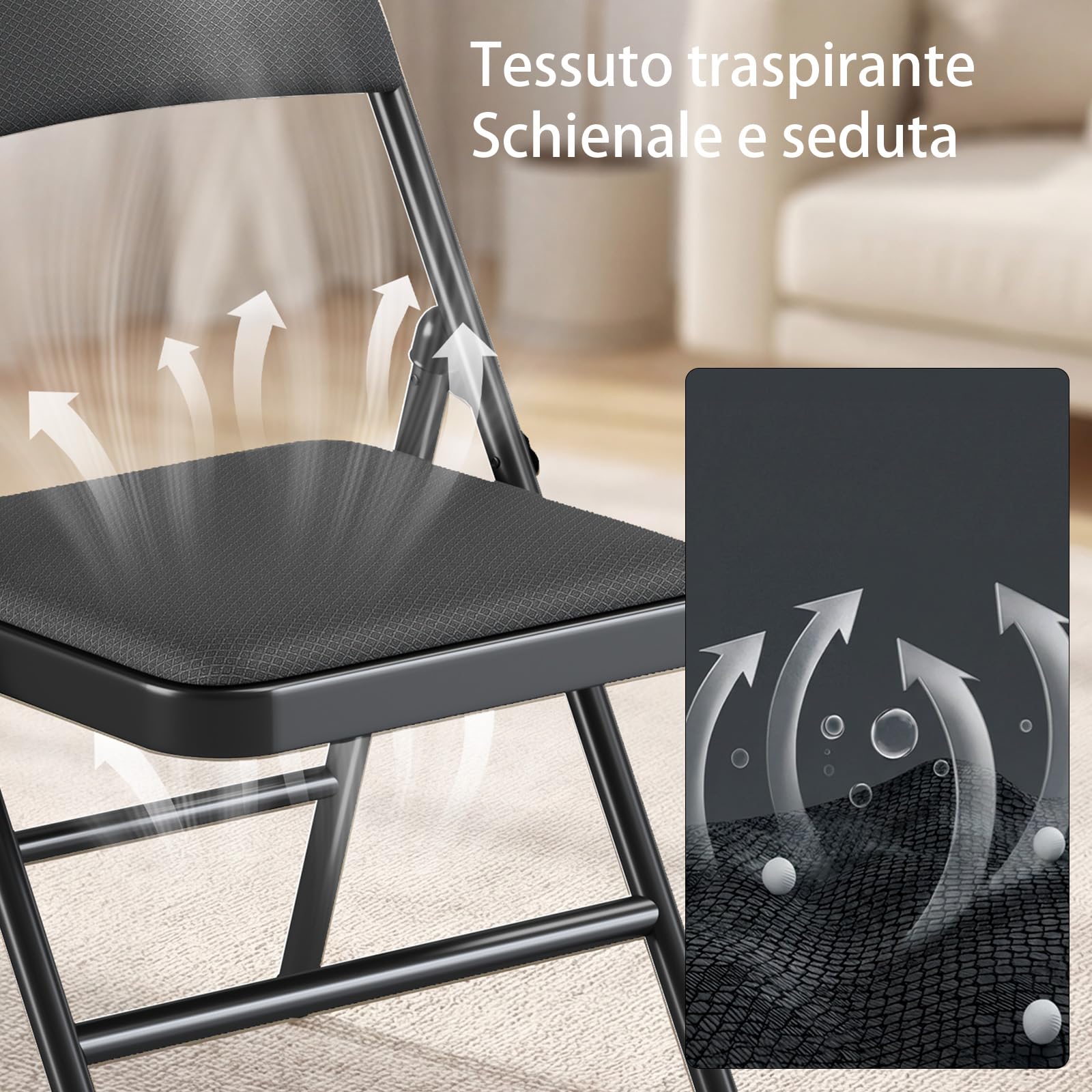 Sedie Pieghevoli set da 6, Sedia Pieghevole in Tessuto con Telaio in Acciaio Rinforzato, Sedia Pieghevole Comoda per Cucina, Sala da Pranzo, Campeggio, Balcone e Giardino, Sedie Impilabili Nero
