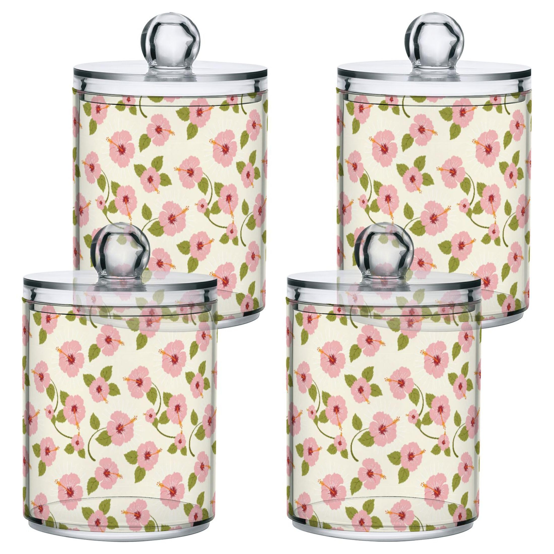 Fuauuyl Hibiscus Qtip Holder Dispenser 4 Pack Plastic Apothecary Jar Storage Organization Bathroom Vanity Makeup Storage Organization for Cotton Ball Swab Pad