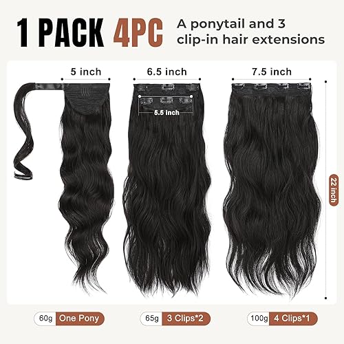 Miniatura 2 de Flufymooz Juego de 4 extensiones de cola de caballo media arriba y media plumón, extensiones de cabello sintético suave para mujer, extensiones de