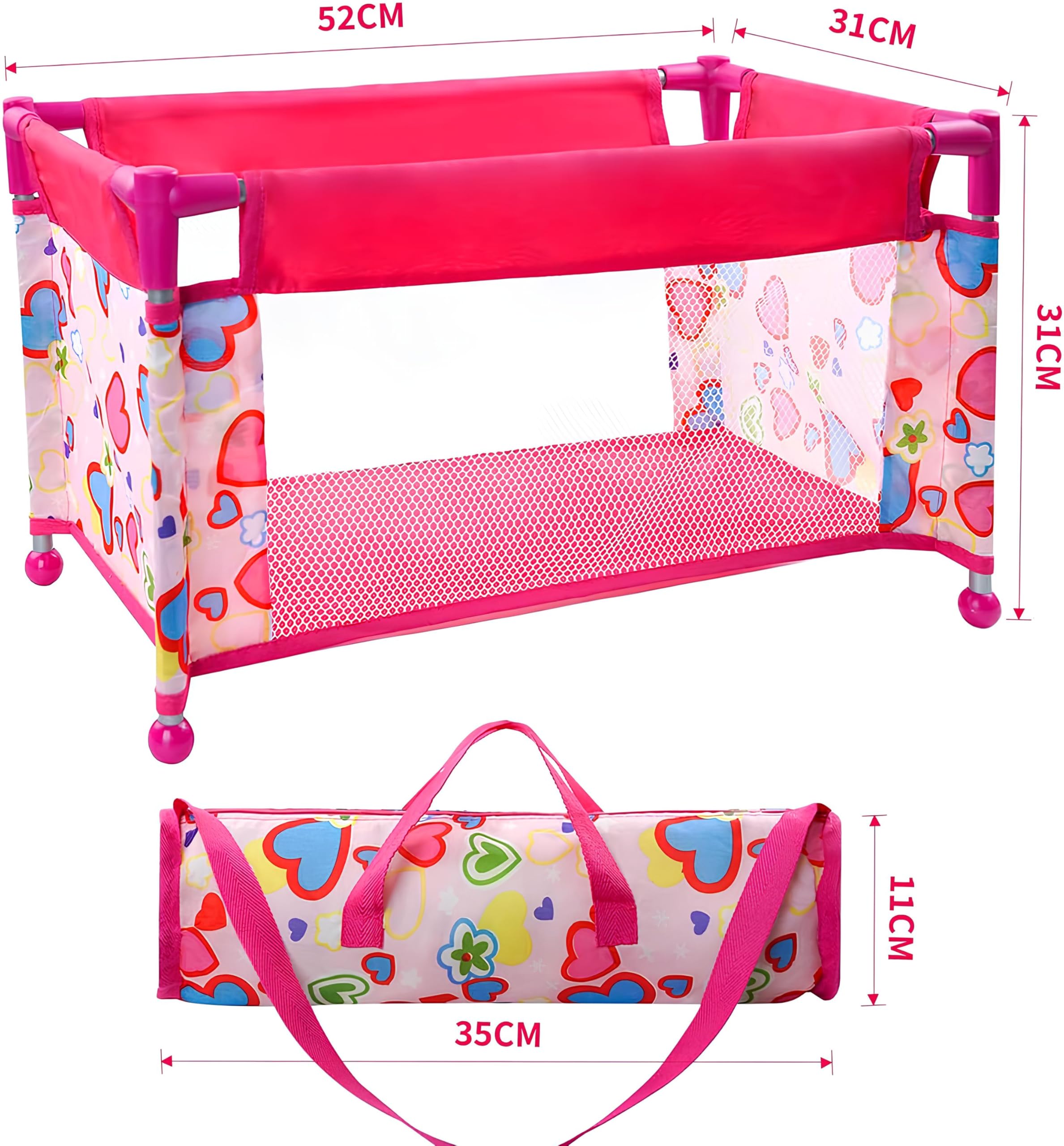 Lettino per Bambole Pieghevole Richiudibile Telaio in Metallo Sacca da Trasporto Culla Bambole Lavabile Trasportino Letto da Viaggio per Bambole con Borsa Mobili per Bambole Accessori,Fantasia Casuale