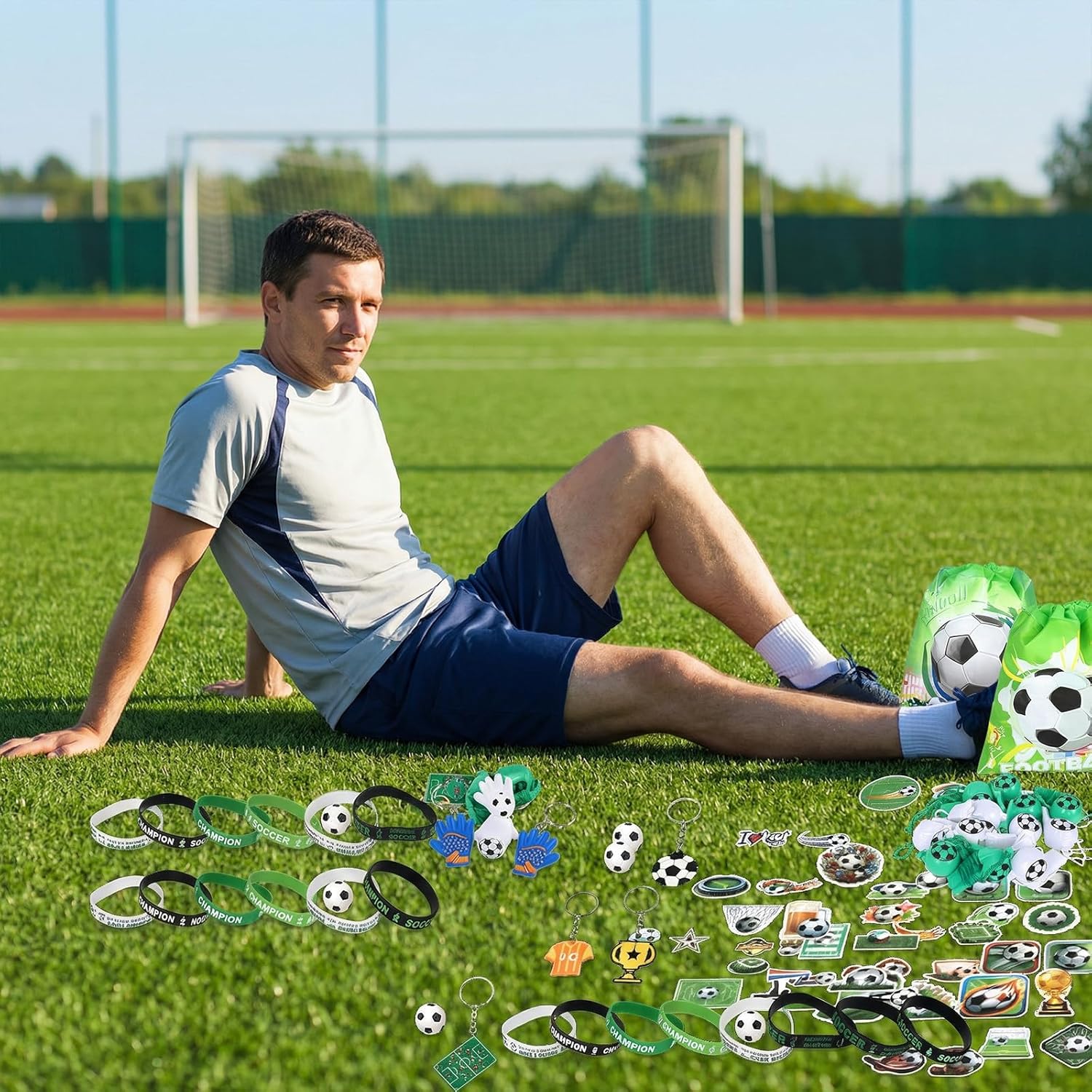 122 PCS Soccer Party Favors, Soccer Goodie Bags with Wristbands, Balls, Drawstring Bags, Bracelets, Keychains, Whistles, Stickers, Sport Party Decoration & Supplies - Image 7