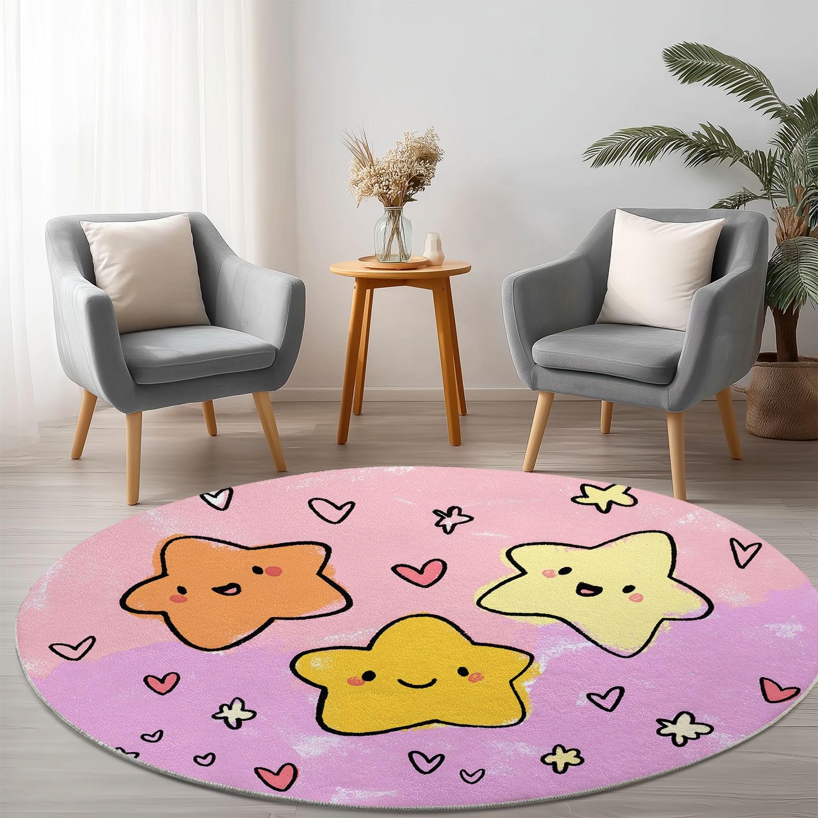 Generisch Cartoon Rund Teppich Handgezeichnete Smiley-Sterne Herzen 150 cm rutschfest Teppiche, Rosa Plüsch Flauschig Weich Runder Teppich Wohnzimmer Schlafzimmer Küche Fußmatte Haustierteppich