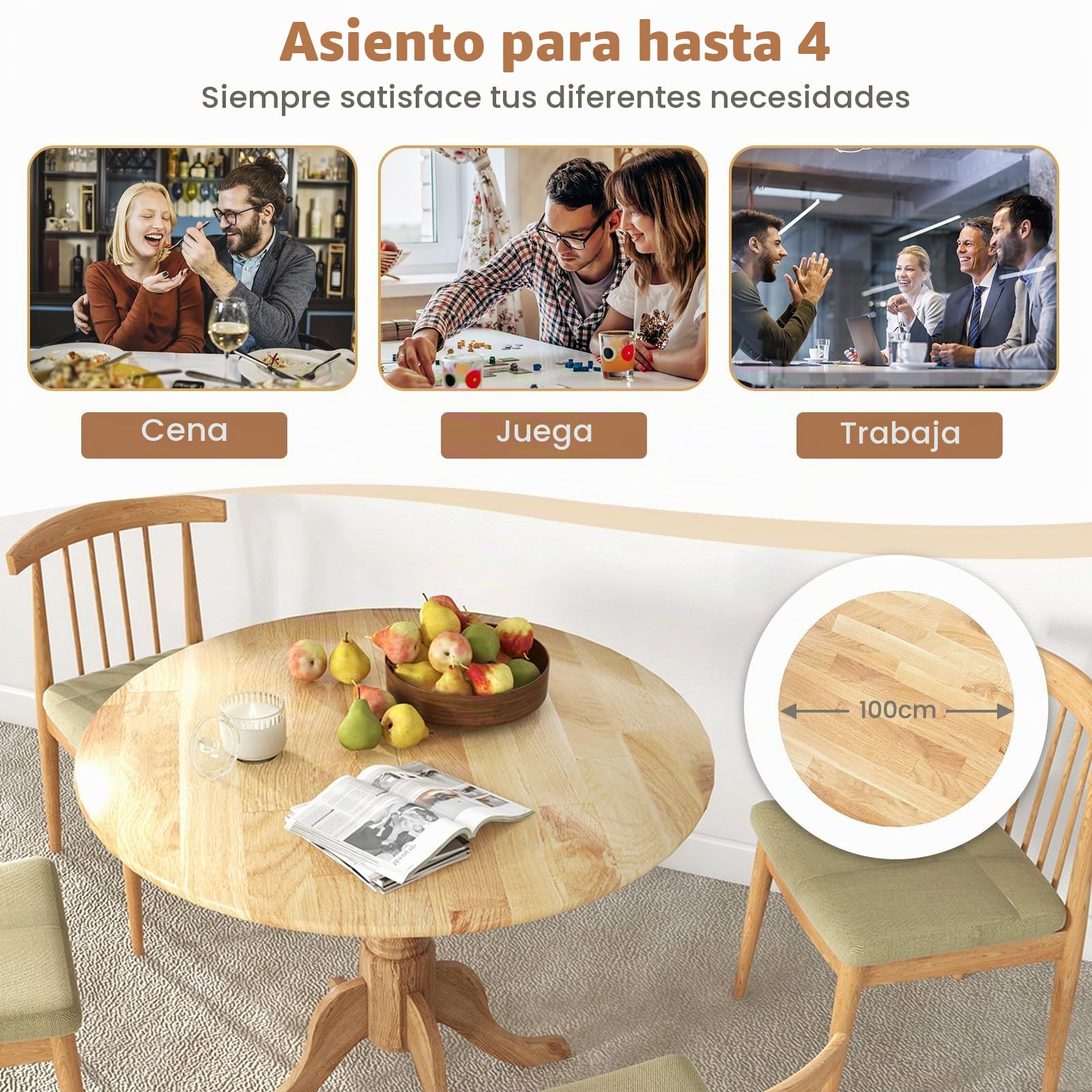 LIFEZEAL Mesa Comedor Redonda de Madera de Caucho (Natural) | Mesa de Cocina para 4 Personas, Muebles de Salón de 100 cm para Comedor, Sala de Estar y Oficina, Carga 100 kg