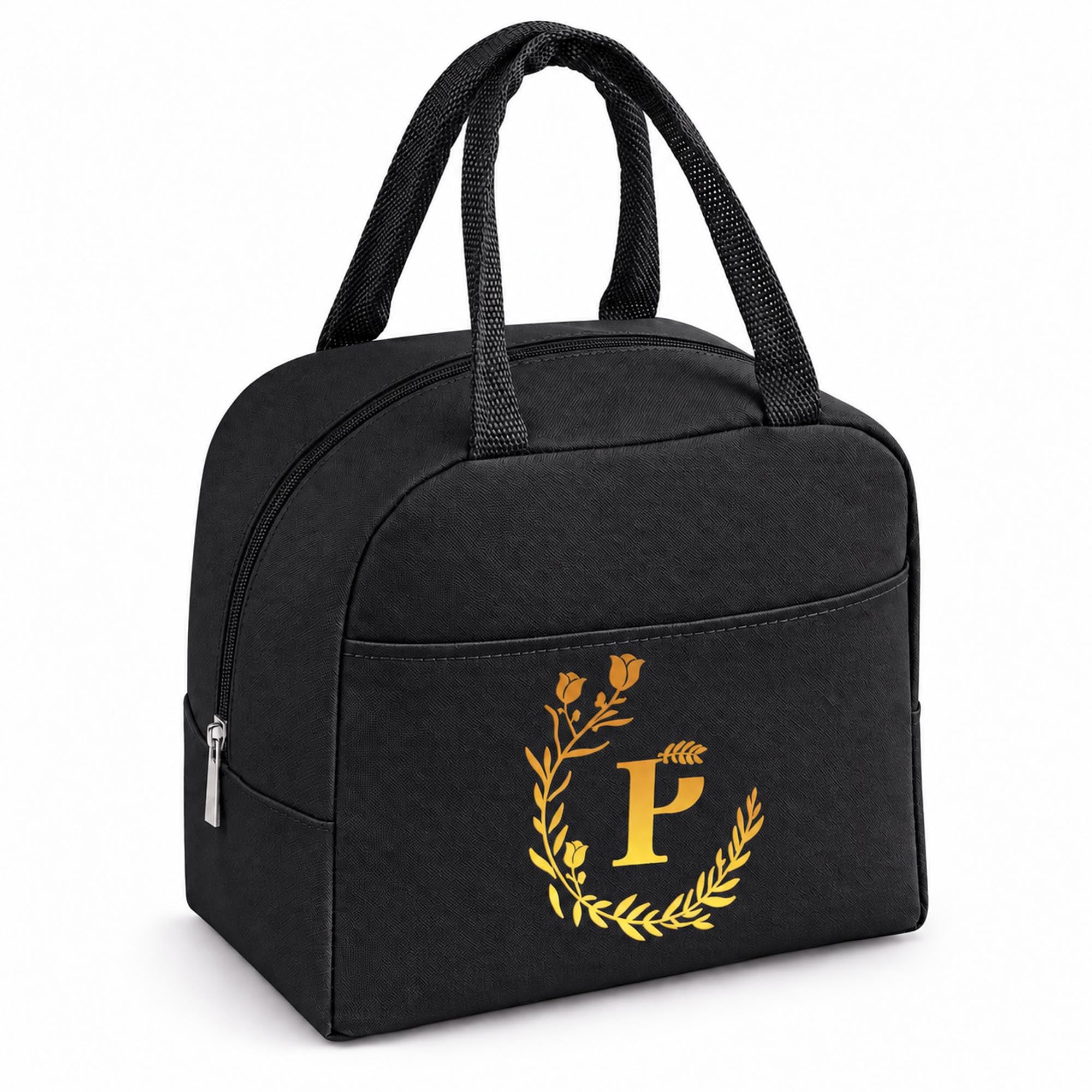 Personalized Black Initial Letters Insulated Lunch Bag for Women Men Kids-P