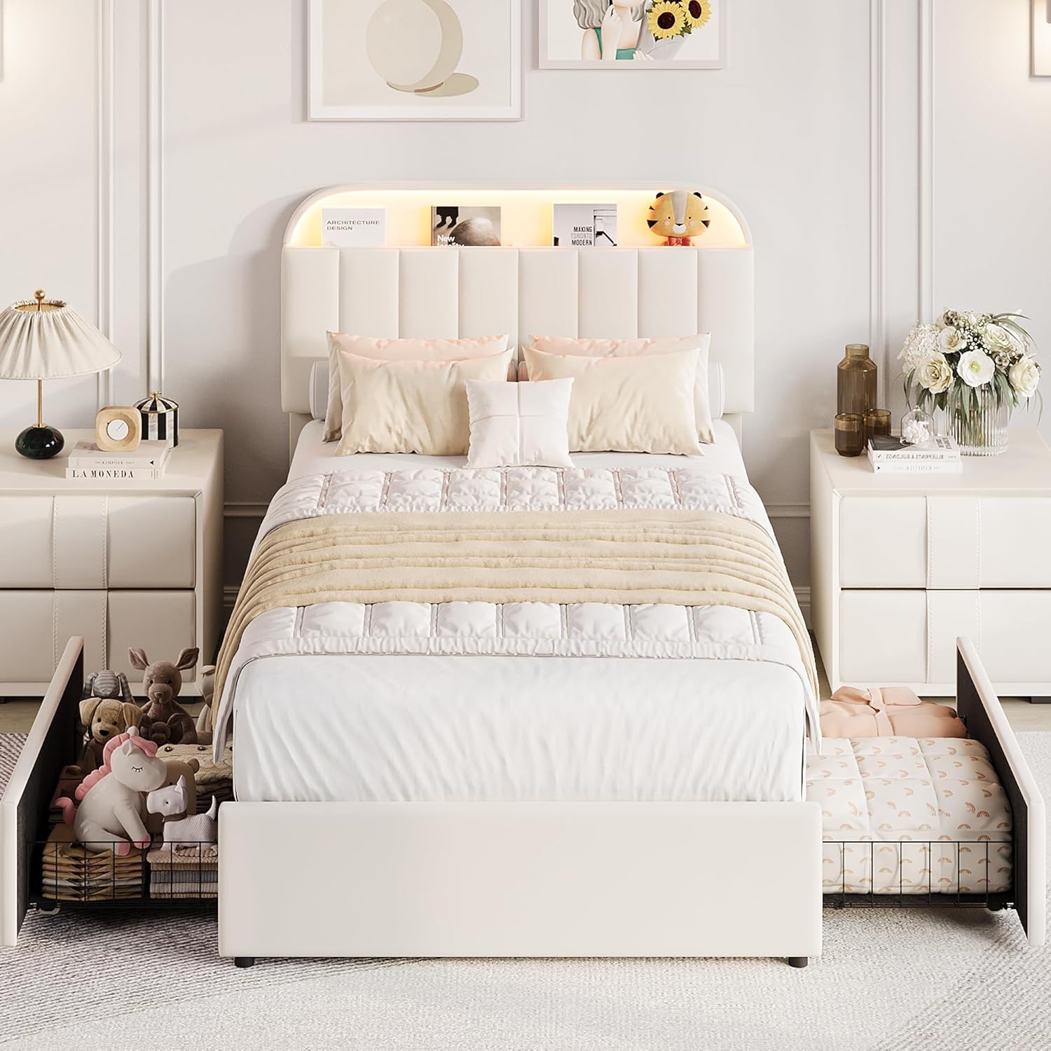 GarveeHome Twin Bed Frame with Storage Headboard, Kids Bed Frame with 2 Drawers, Velvet Upholstered Platform Bed Frame with Lights, No Box Spring Needed, Easy Assembly, Velvet White