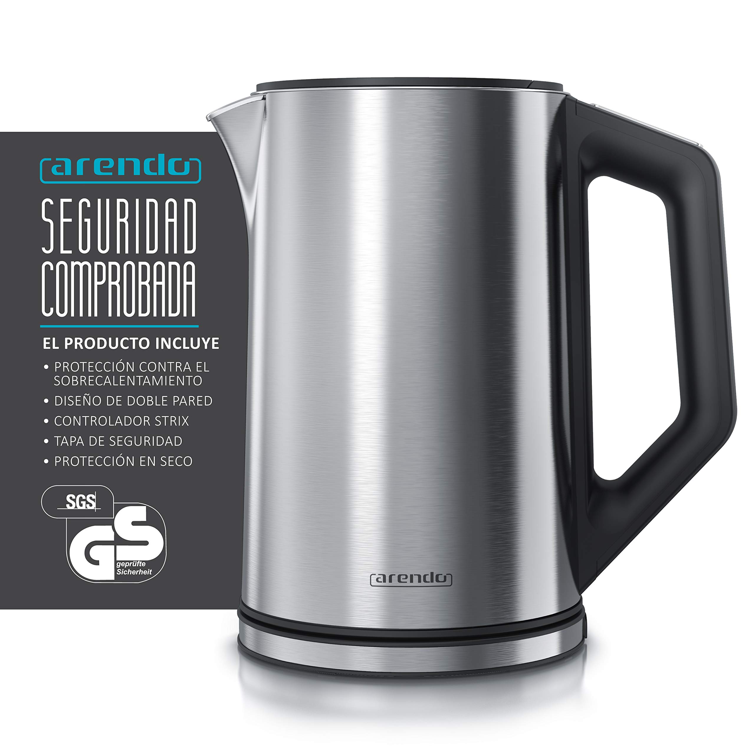 Arendo – Hervidor de Agua Eléctrico de 1,5 litros - Acero Inoxidable - con Ajuste de Temperatura de 40°C a 100°C en incrementos de 5 ° - Modelo Elegant - Diseño de doble pared - Libre de BPA