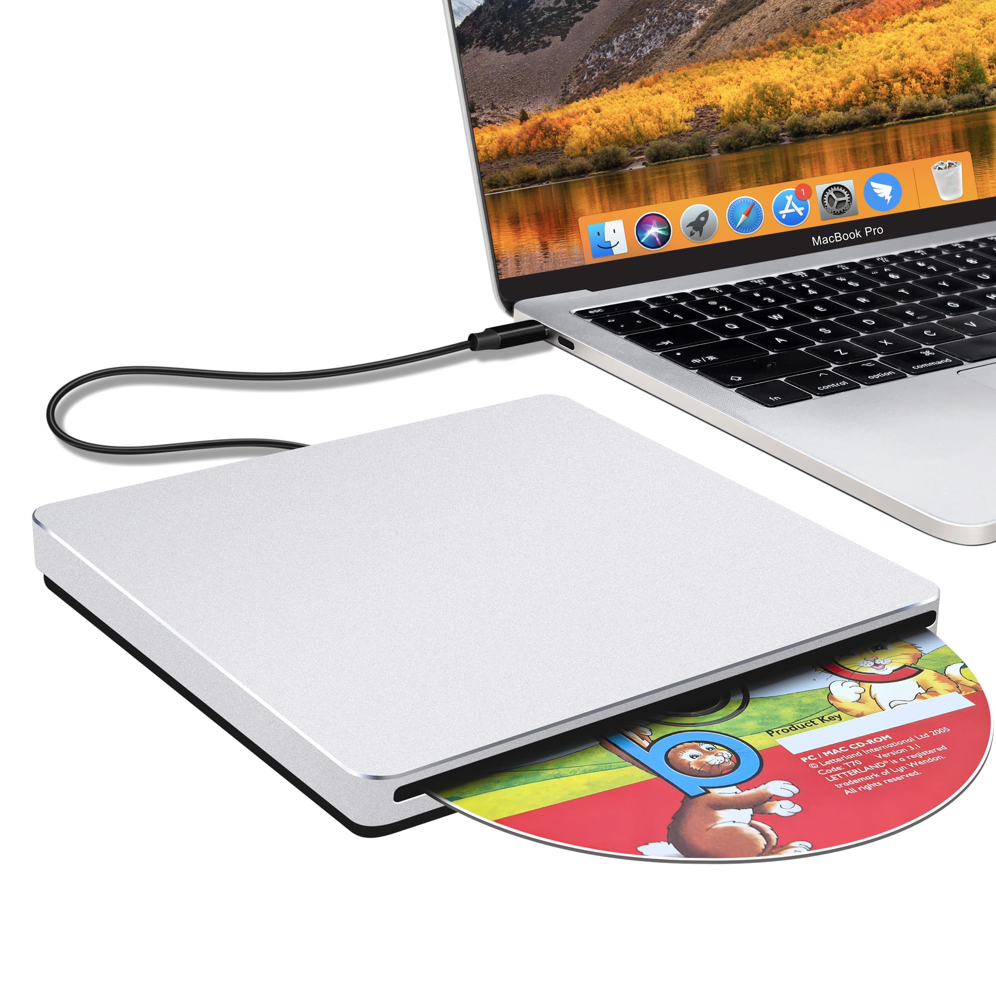 NOLYTH USB C SuperDrive for Mac: External CD/DVD Drive Burner Player for Laptop Windows Apple Plug & Play for Movie Music Data Backup with USB3.0 Adapter Aluminum(Silver)