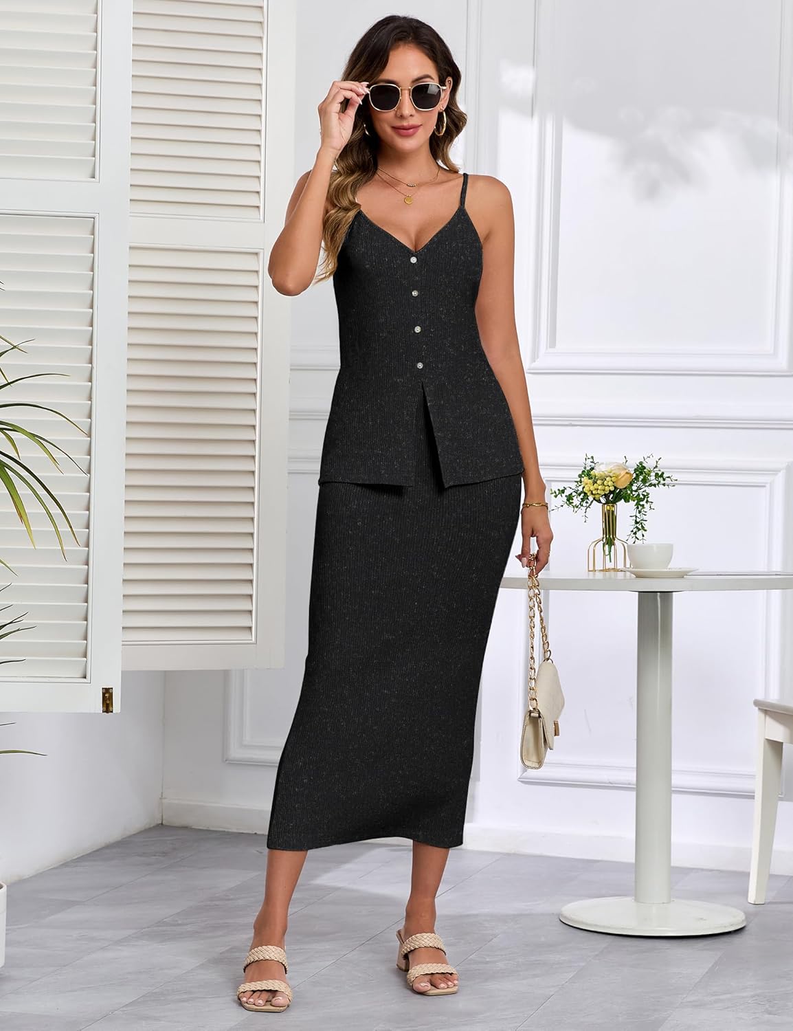 Women's 2 Piece Skirt Sets Summer Lounge Sets Sleeveless Knit Sweater Top & Dress Travel Resort Beach Wear Outfits - Image 3