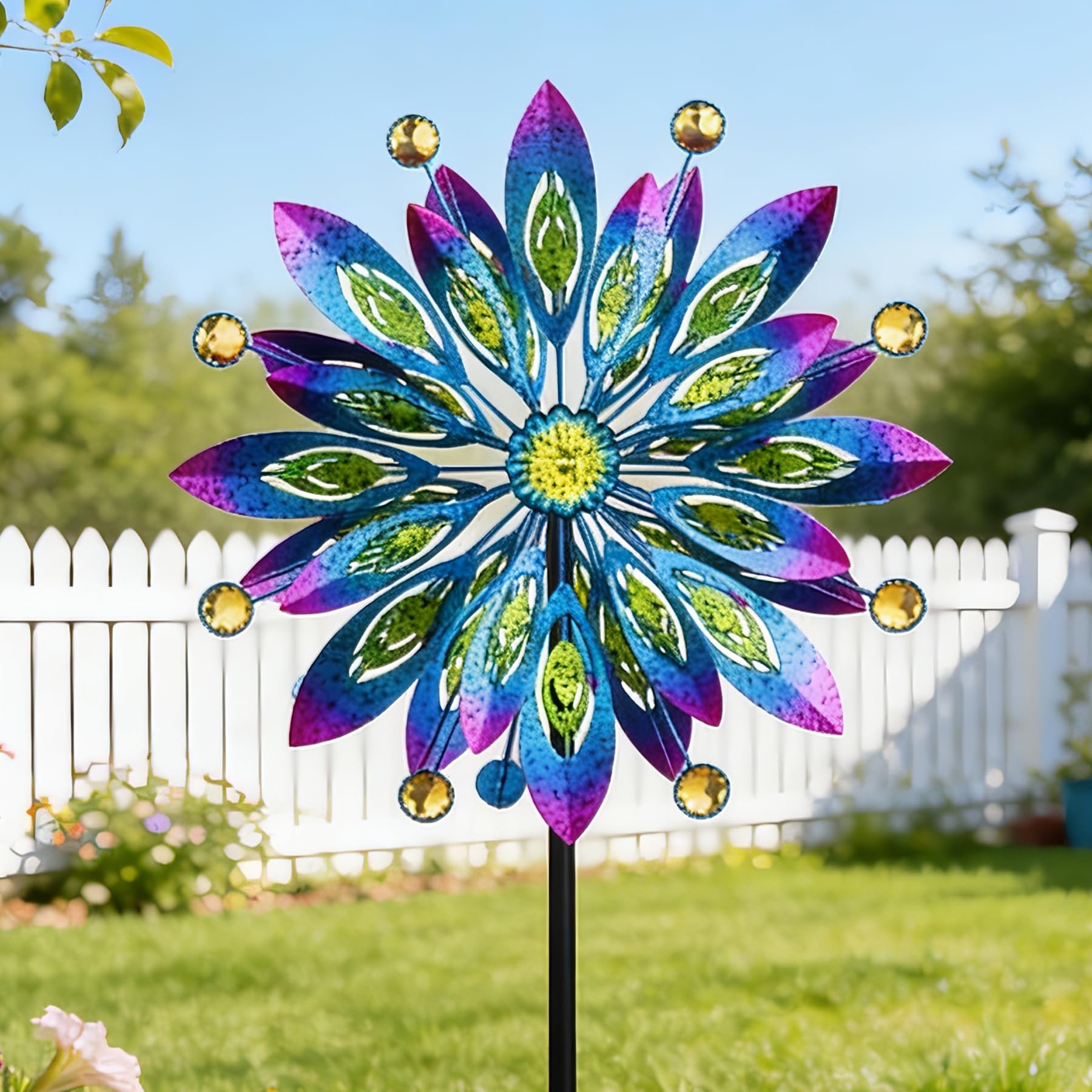 Girandola a vento per cortile e giardino, mulino a vento da esterno in metallo, scultura cinetica a vento bidirezionale con rotazione a 360 gradi per decorazione di cortile, patio e prato, 154 cm