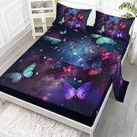 Vista 12 de Juego de sábanas de 4 piezas ajustadas y planas para niñas, estampado de mariposas y flores rosas con 1 + 2 fundas de almohada para cama individual