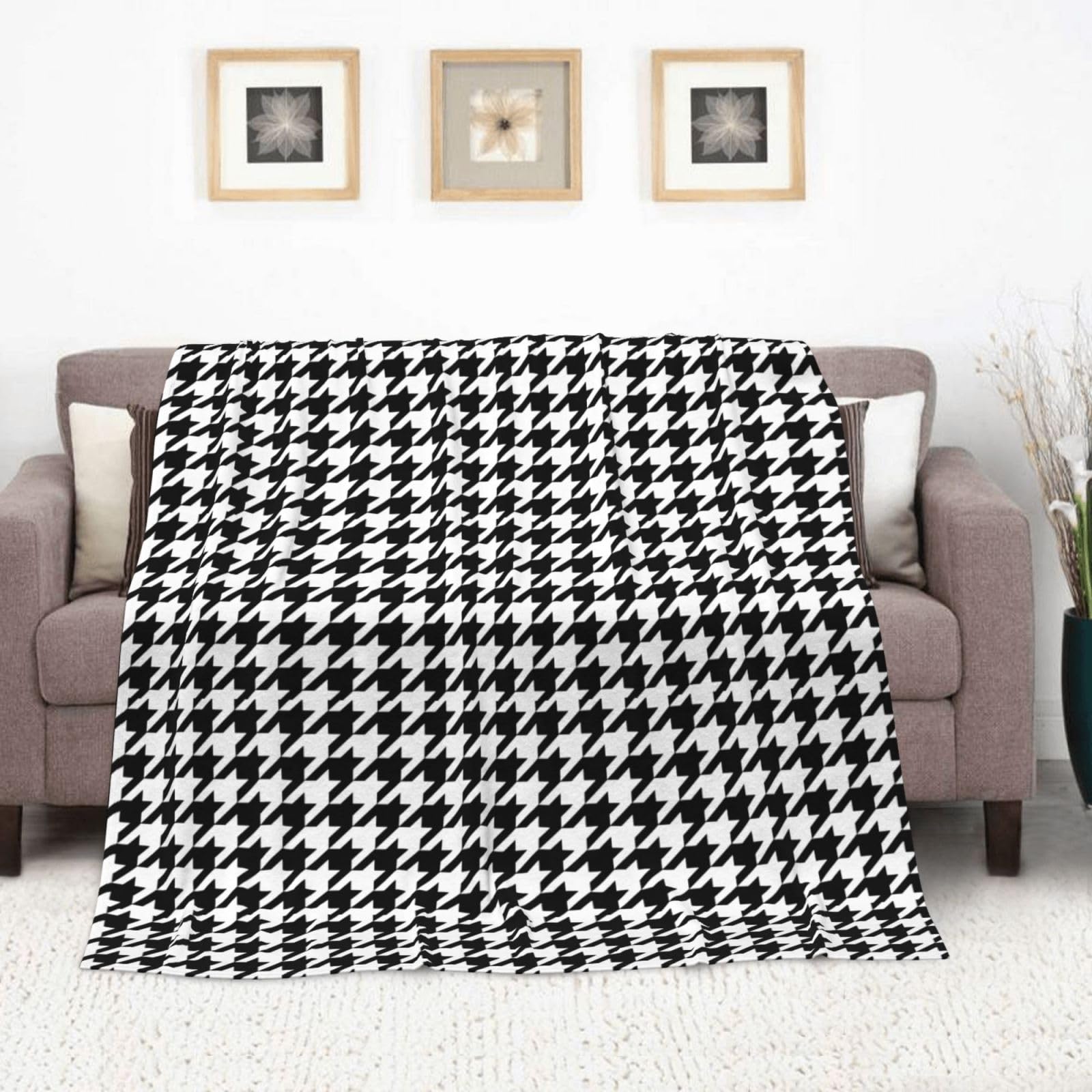 Couverture en flanelle avec imprimé pied-de-poule noir, 178 x 203 cm, confortable, chaude, pour l'hiver, le camping ou les voyages