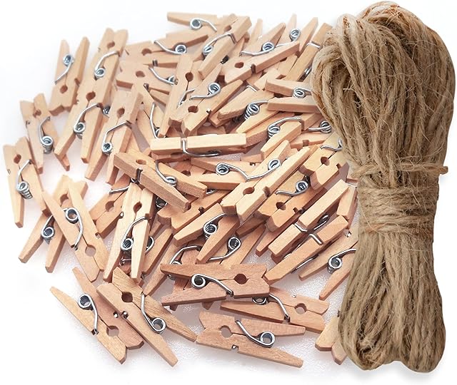 Maxi-Solutions 60 Mini 2.5cm Wooden Pegs and 1200cm Jute Twine String, Stylish Way of Hanging Photos - Also Suitable to Hang Small Christmas/New Born/Birthday/Anniversary Cards