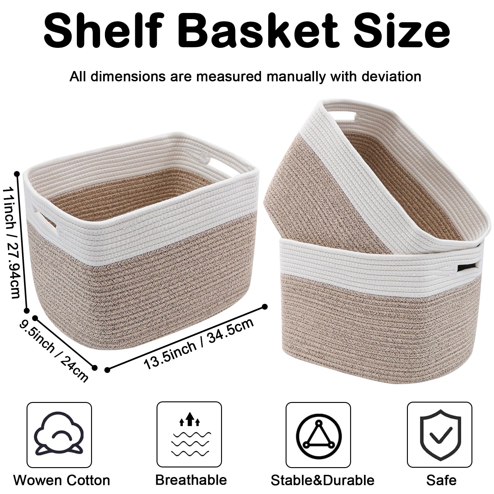 3 Pack Woven Rope Storage Baskets for Organizing,13.5"×11"×9.5" Storage Bins for Shelves,Perfect for Toys,Books,Towels,Clothes,Empty Gift Baskets for Nursery,Living Room&Bedroom(White&Brown) - 3