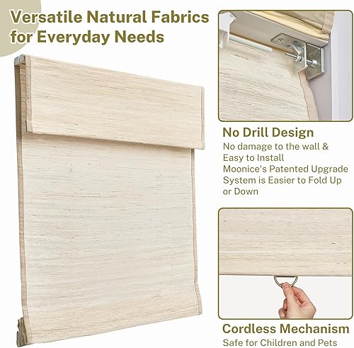 Miniatura 4 de Awlmond - Persianas romanas inalámbricas sin herramientas, sin taladro, para ventana, lino puro, tejido de hierba de cáñamo natural, persianas