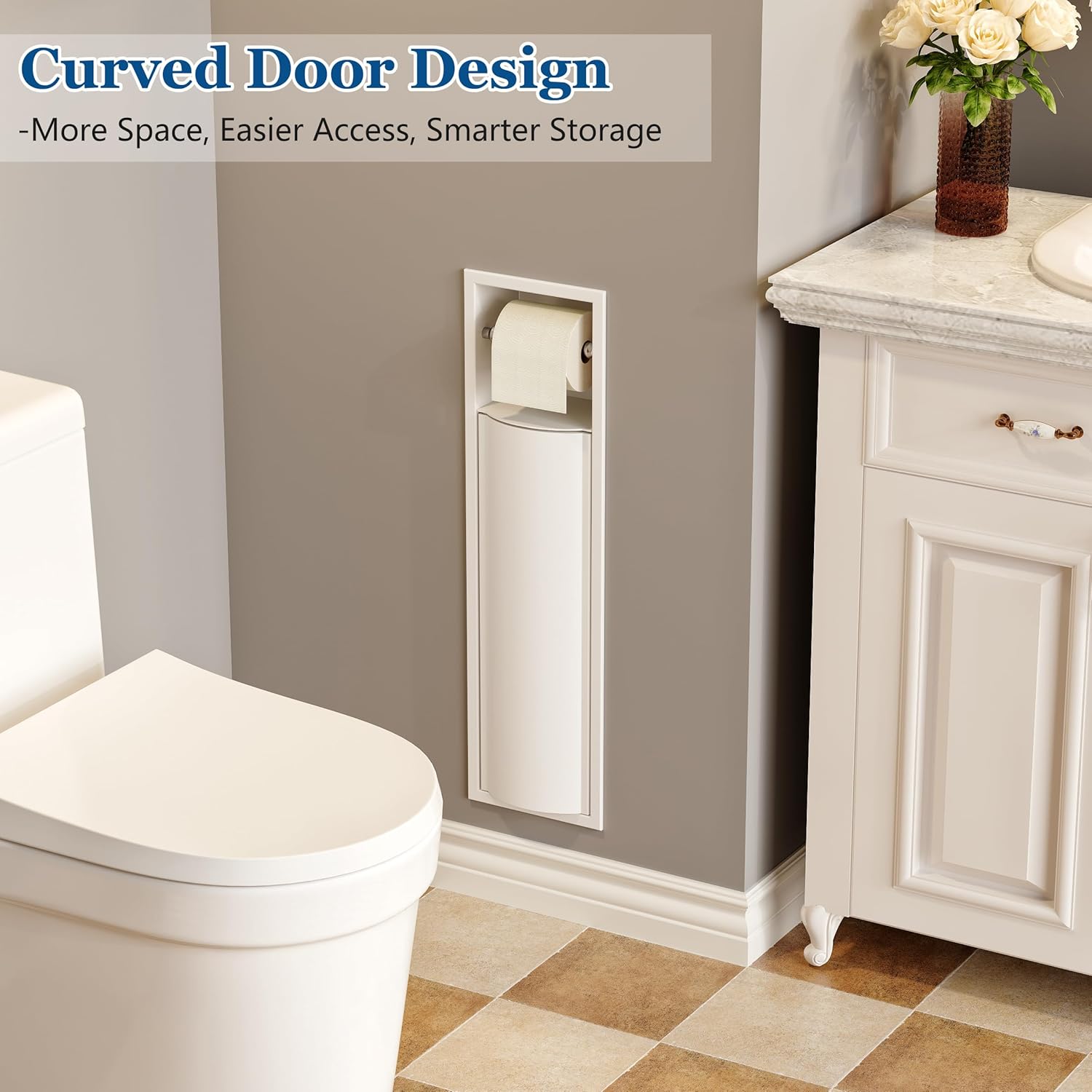 Recessed Toilet Paper Holder with Curved Door, Matte White 304 Stainless Steel in Wall Tissue Paper Holder for Bathroom, Perfect Depth Fits Standard American Drywall