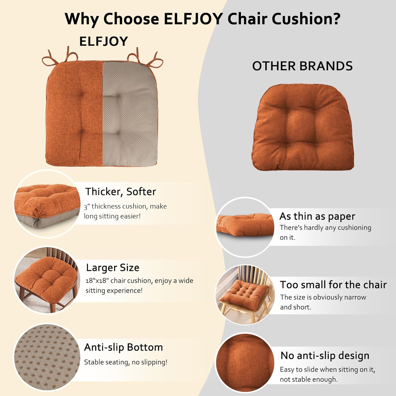 ELFJOY Chair Cushions for Dining Chairs 18" x 18" x 3" Kitchen Chair Cushions Set of 4 Tufted Chair Pads with Ties and Non-Slip Backing Comfortable Seat Cushion for Indoor Dining Room, Orange