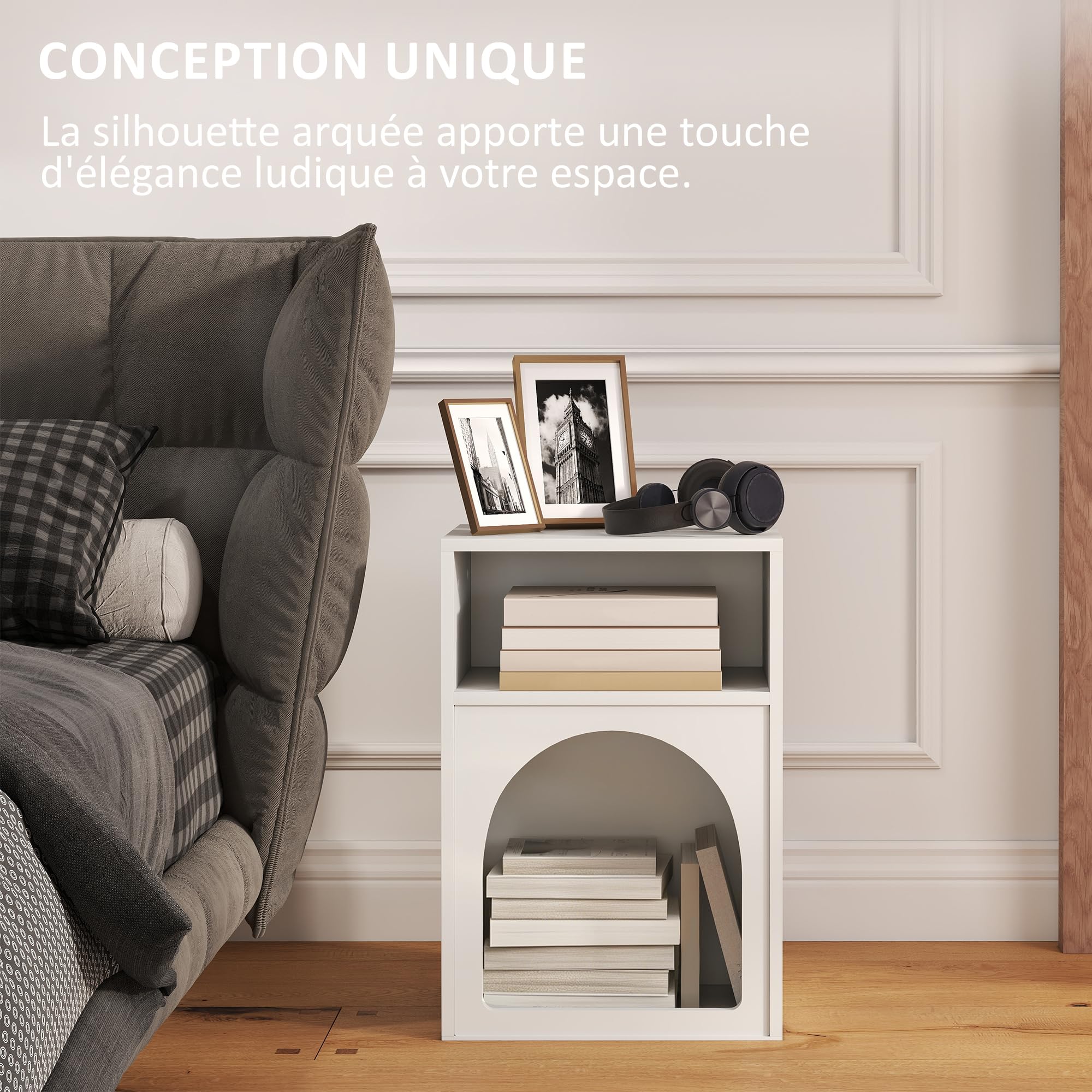 HOMCOM Lot de 2 Tables de Chevet, Table de Nuit avec Compartiments Ouverts, Design arqué, Chevet de lit pour Chambre à Coucher, Salon, 40 x 30 x 60 cm, Blanc