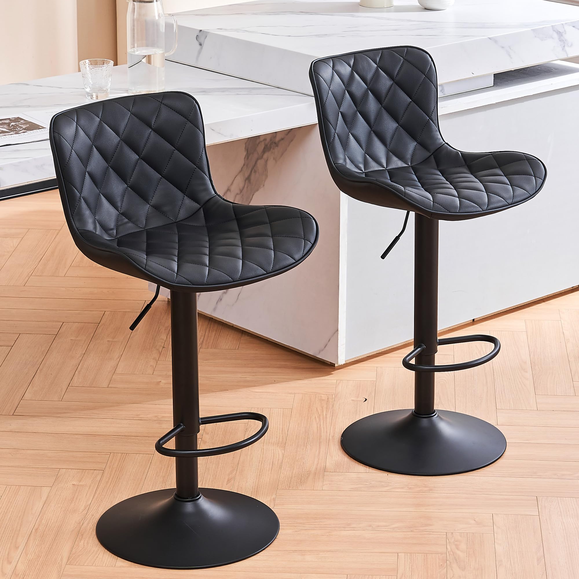 Kidol & Shellder Kitchen Bar Chairs Set of 2 PU Leather Counter Heigh Swivel Barstools Diamond Texture Modern Pub Chair for Home Kitchen,Black