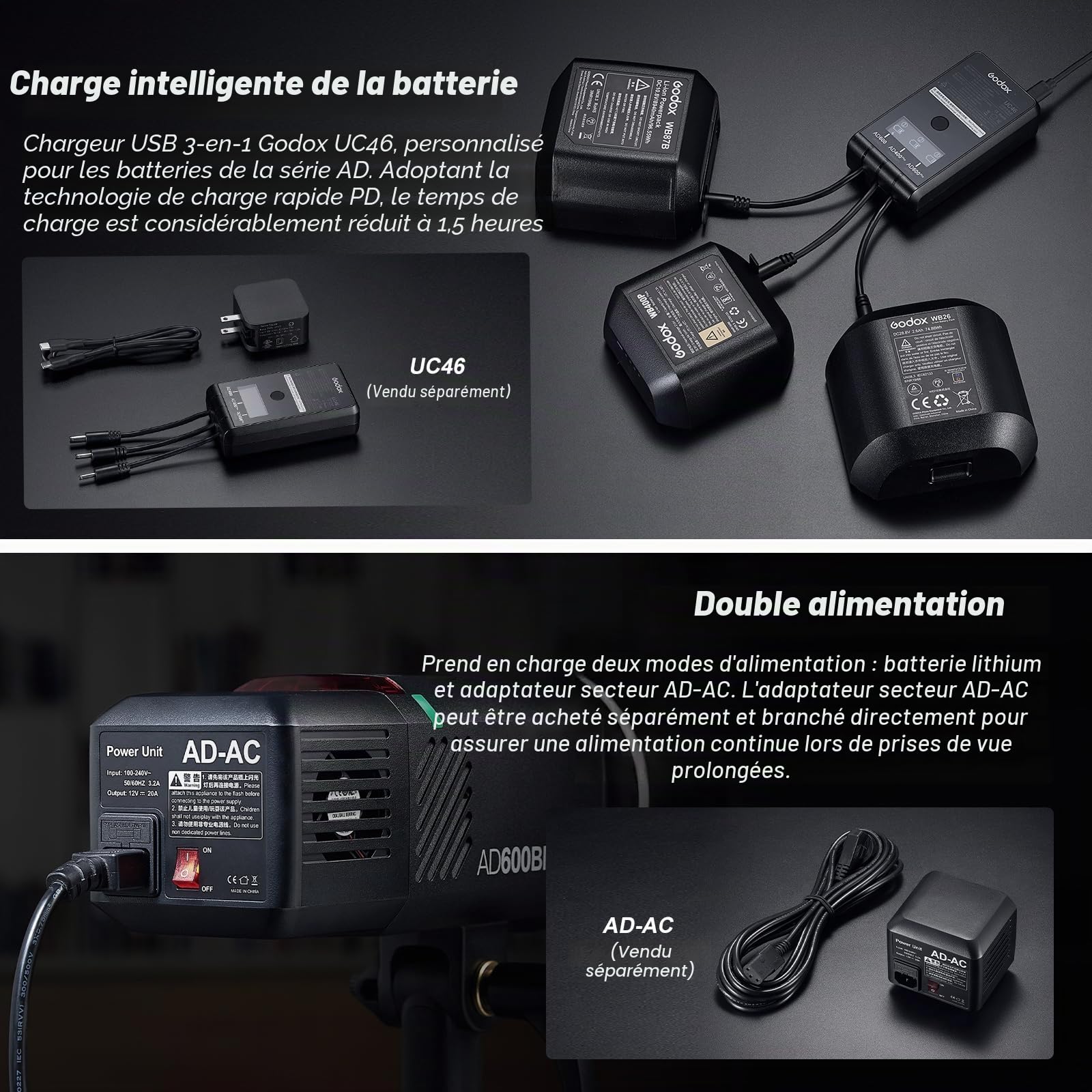 Godox AD600BMII AD600BM II 600Ws GN87 HSS Flash Strobe Monolampe d'extérieur, 0.01~1.9s Temps de Recharge, Montage Bowens 10.8V/8940mAh Lithium Battery (Godox AD600BM Upgraded)