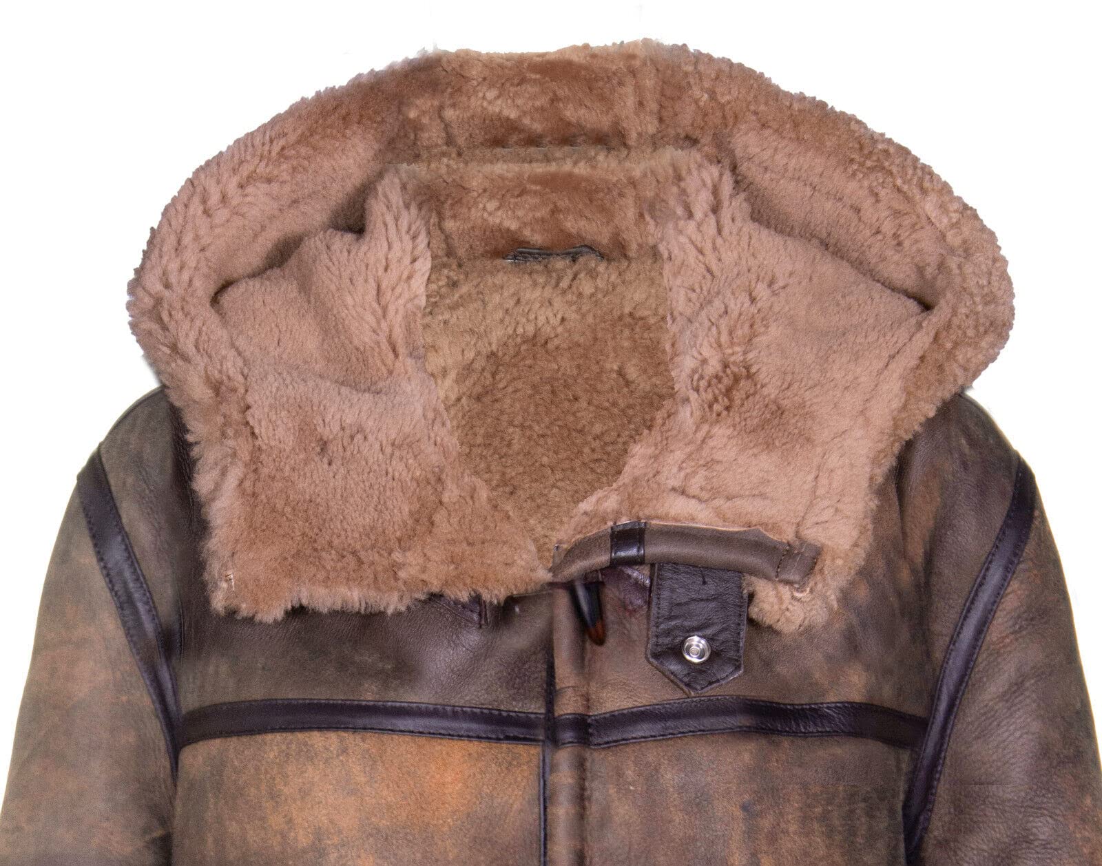 Infinity Leather Herren Dufflecoat aus Antikbraunem Schaffell-Leder, Neuer Winter, Echtes Lammfell