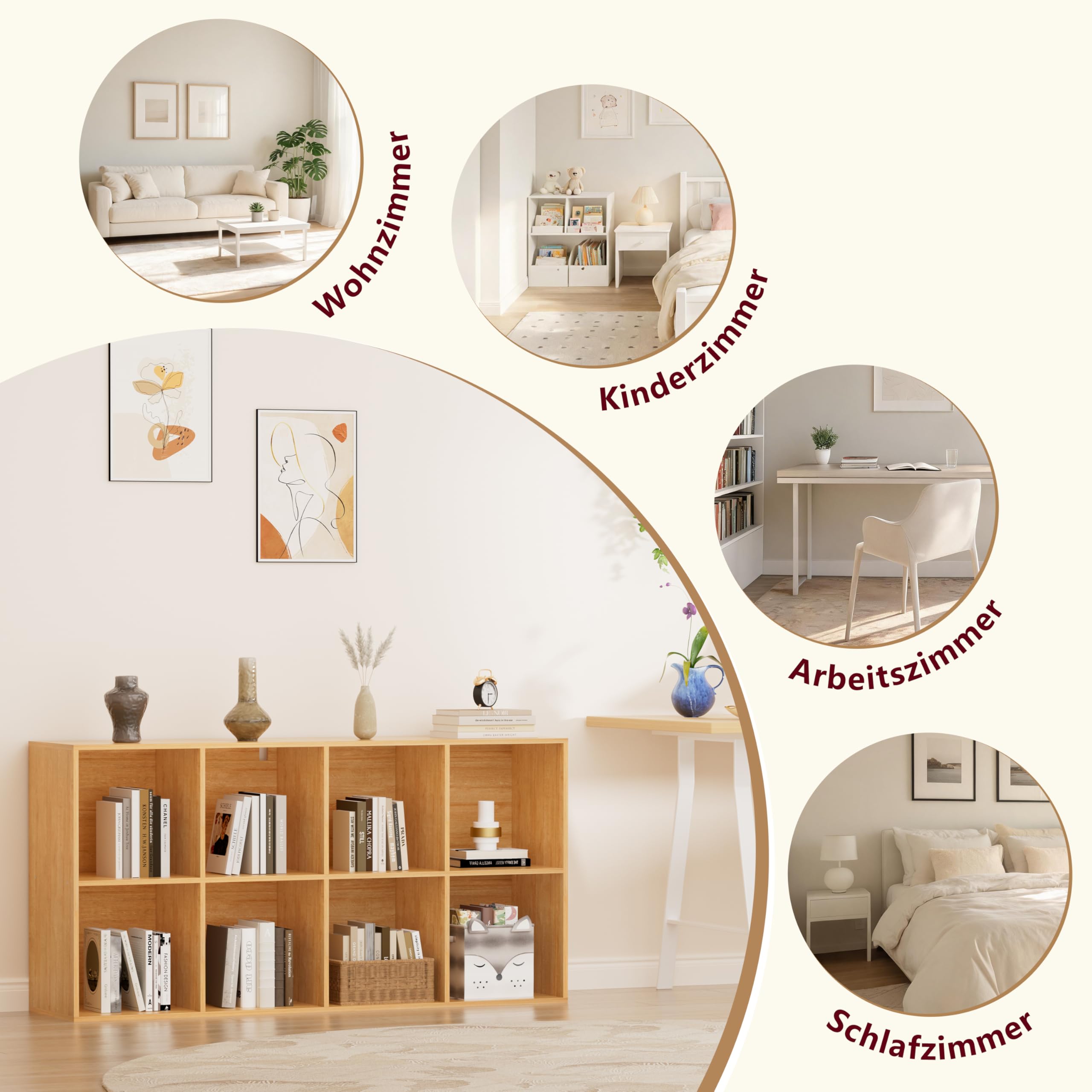 Regal mit 8 Fächern, Holz Bücherregal, Würfelregal, Standregal für Wohnzimmer, Schlafzimmer, Büro, Kinderzimmer (Eichefarben, 8 Fächern （35T x 143B x 72,2H cm）)