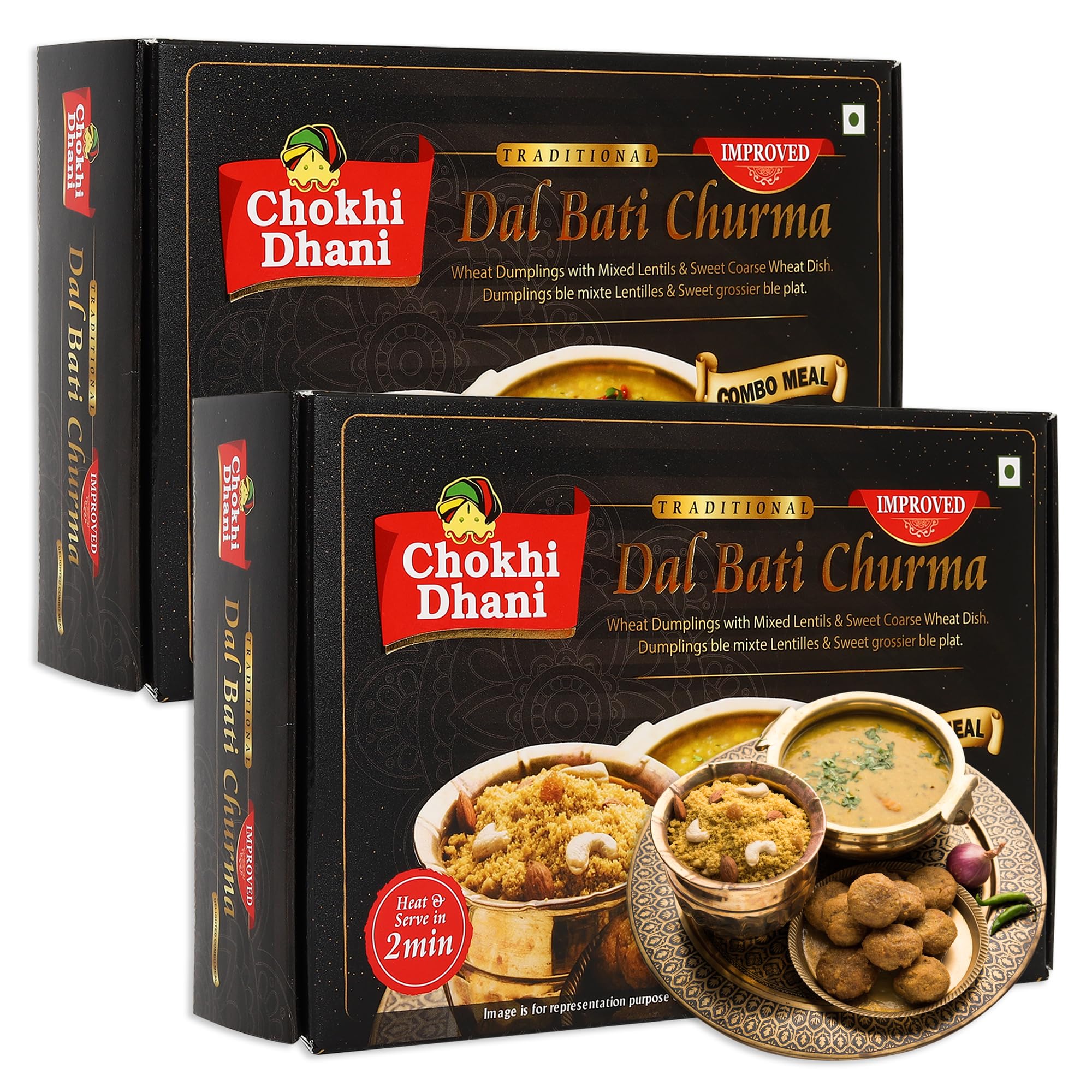 Chokhi Dhani Ready to Eat Dal Bati Churma, Rajasthani Food, Just Heat and Eat, (Pack of 2, 500g Each)