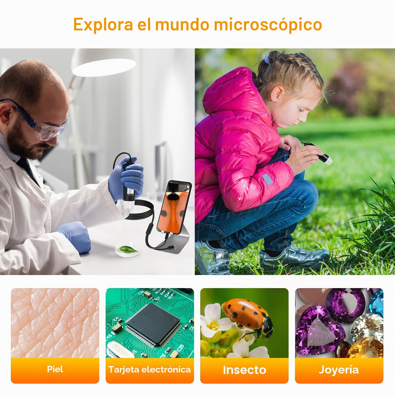 WADEO Microscopio Digital de Mano, microscopio USB 1440P HD con Aumento de 50X-1600X, cámara de inspección portátil sin WiFi, con Cable con 8 LED y Soporte, Compatible con iOS, Android y tabletas