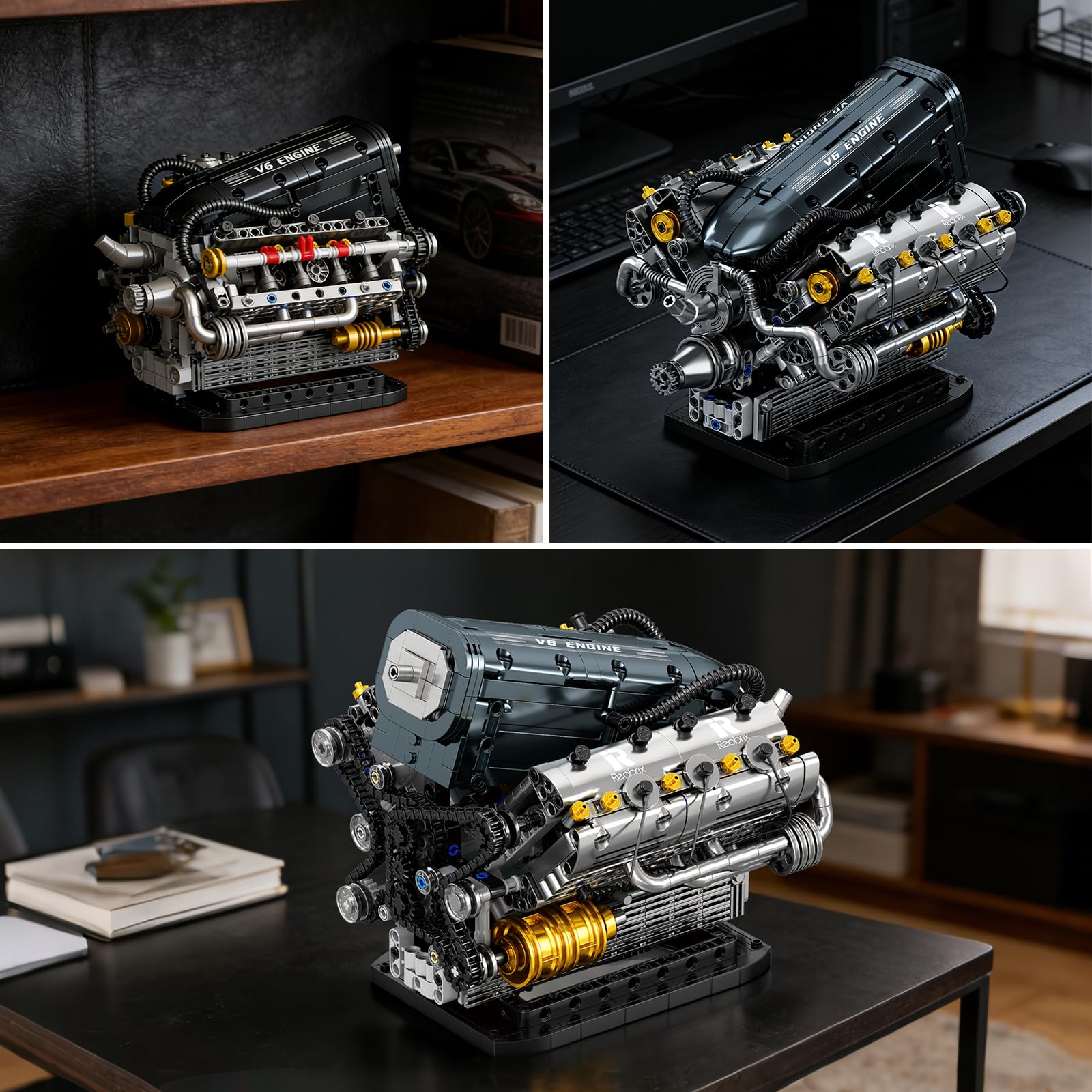 Reobrix Set de Bloques de Construcción Motor V6 para Adultos 33013, Juguete Mecánico de Construcción, Maqueta de Motor V6, Kit de Motor Técnico, Regalo para Adultos, Decoración Artística para Hogar