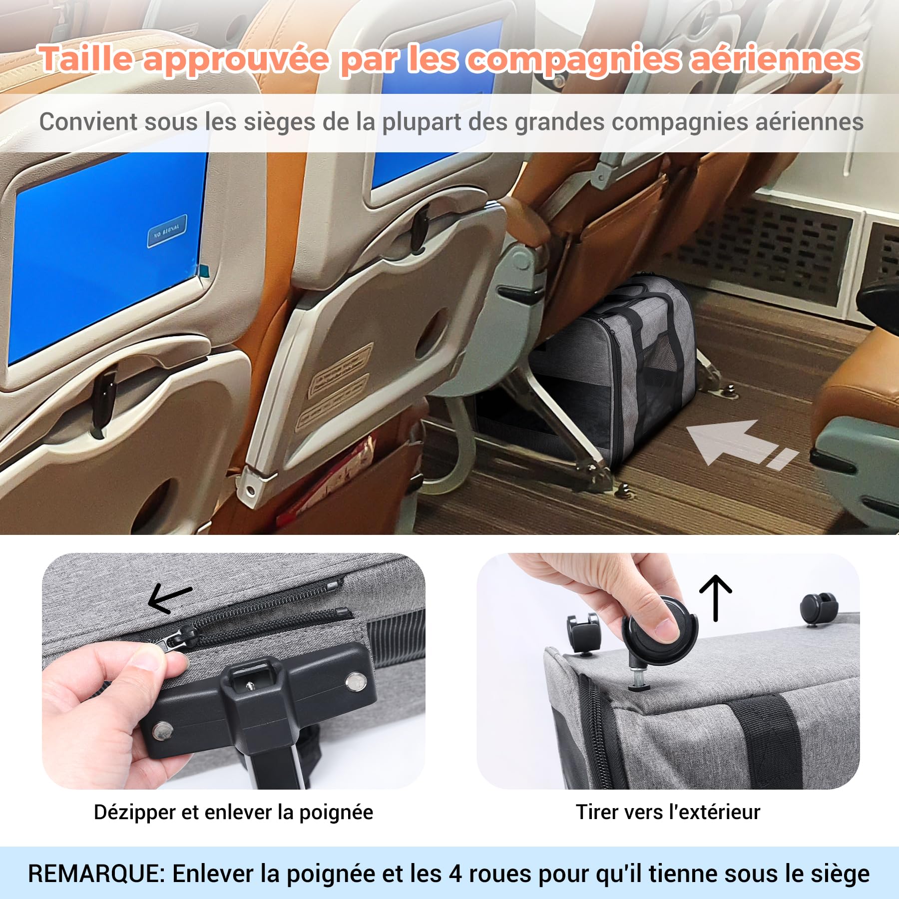 Sac Transport avec roulettes Amovibles pour Les Petits Chiens et Chats, Caisse de Transport Avion Cabine, Chariot pour Chien Charge jusqu'à 9kg (Gris)