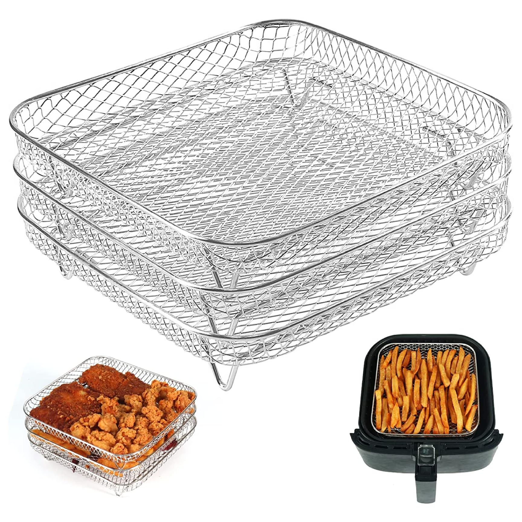 Griglia per friggitrice ad aria, 3 pezzi, impilabile, a torre quadrata, da 20 cm, in acciaio inox, accessori per friggitrice ad aria, accessori per barbecue, forno, friggitrice ad aria da 8 Qt,