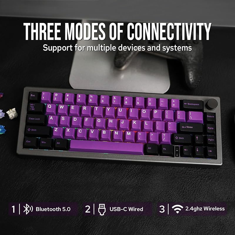 EPOMAKER EK68 65% Mechanikus Gamer Billentyűzet, Hot-Swap, Hármas Csatlakozás, 3000 mAh Akkumulátor, RGB Háttérvilágítás, PBT Keycaps, Feket