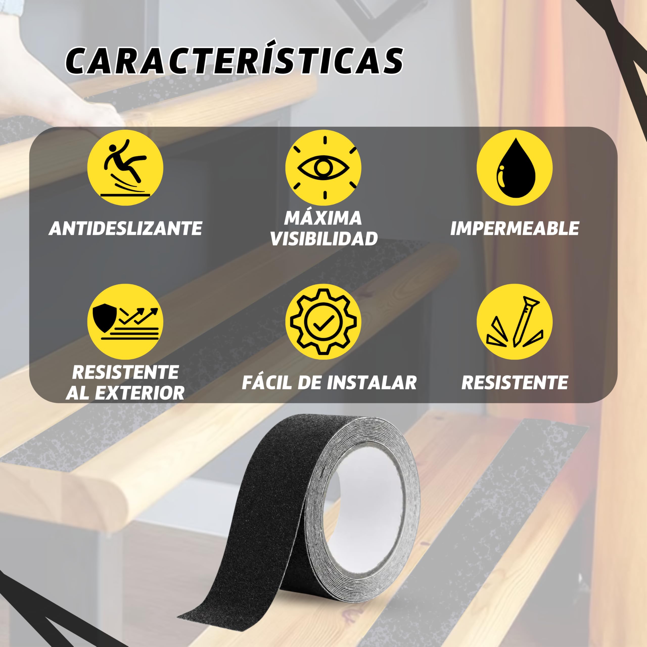 Pack 2 Cinta Antideslizante Escaleras 5cm x 5m. Tiras Antideslizantes Escaleras para Interiores y Exteriores. Fuerte Cinta Seguridad Adhesiva para Suelo Antideslizante. Evita Resbalones y Caídas