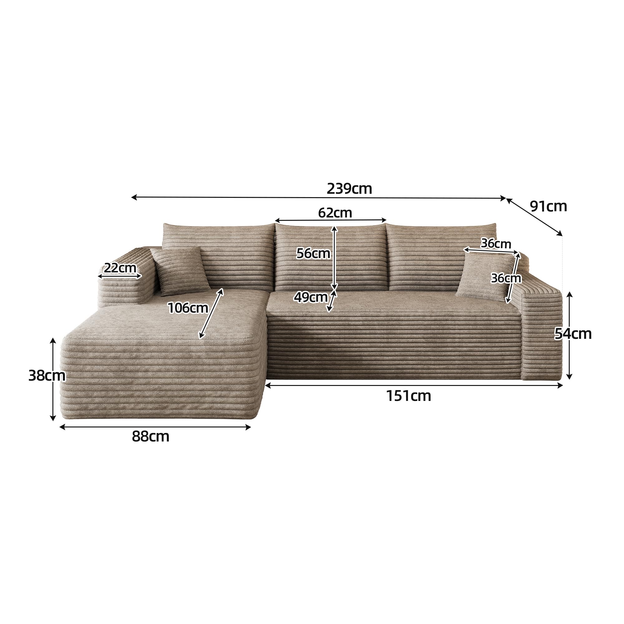 Moderne canapé d'angle Convertible, 239 cm canapé compressé avec méridienne en Forme de L, canapé d Angle modulaire rembourré à Assise Profonde pour Salon(Camel, Angle à Gauche)