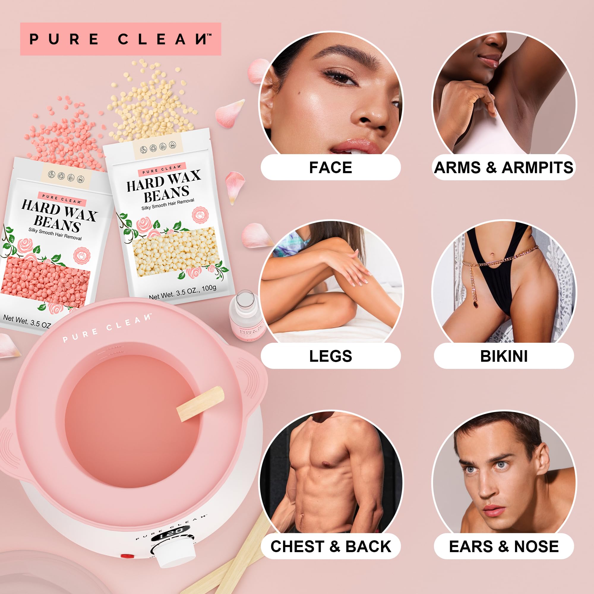 PURECLEAN Zestaw do podgrzewania wosku do depilacji - 4 opakowania perełek woskowych, balsam po depilacji, miska silikonowa - 54 elementy dla wszystkich rodzajów włosów - Twarz, Bikini, Ciało.