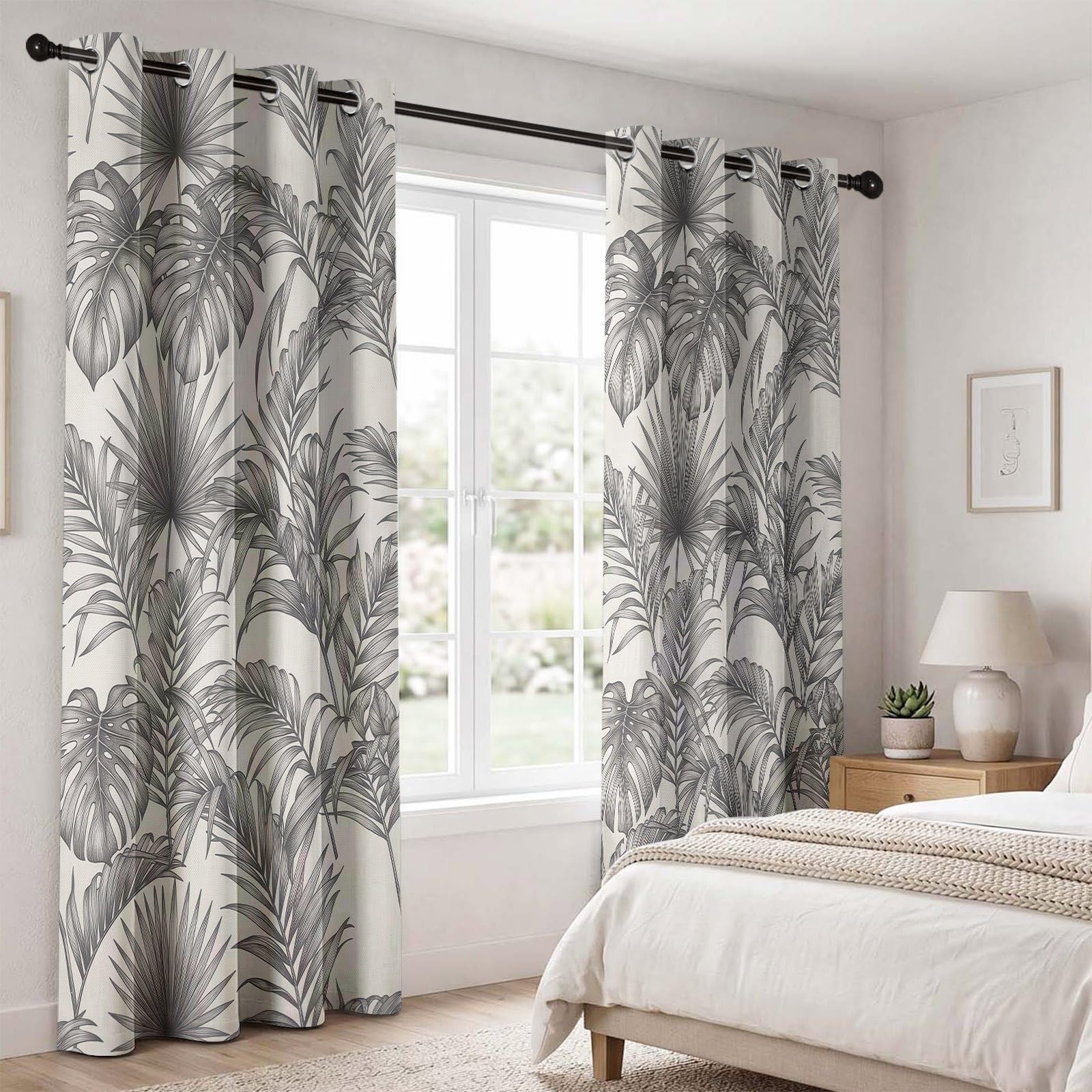Tenda oscurante tropicale botanica, set di 2 tende oscuranti termiche isolanti con occhielli, foglie di palma disegnate Monstera felci, grigio crema, decorazione camera da letto, soggiorno, finestra