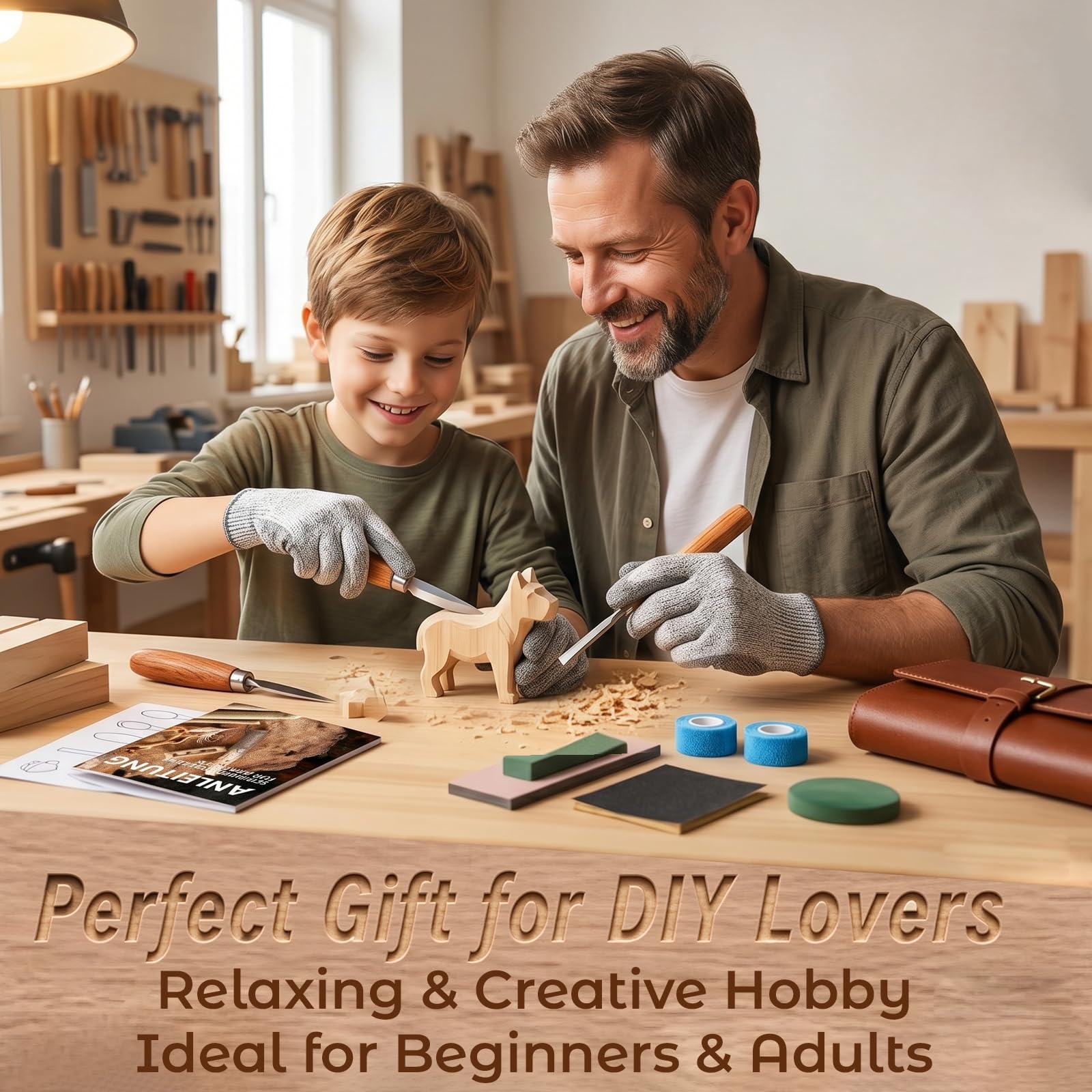 HA BIN Kit de Sculpture sur Bois 25 pièces, Set Complet pour Débutants avec Couteaux de Sculpture, Pierre à Aiguiser, Gants, Bloc de Bois de Tilleul & Sac de Rangement, Kit pour Adultes