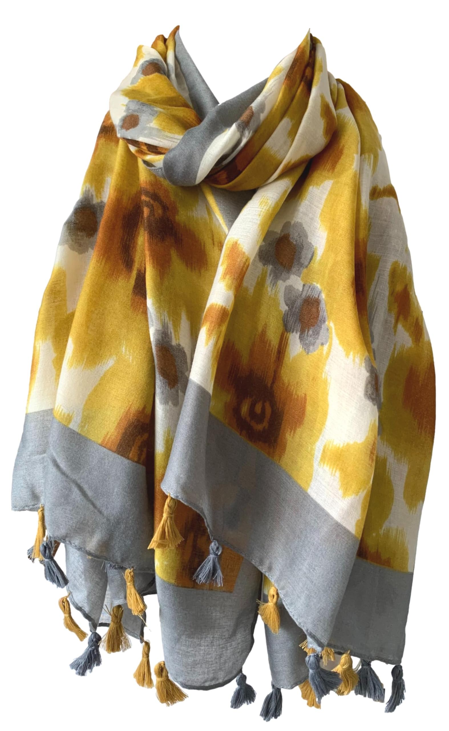 Purple Possum Women's Yellow, Mustard, Mustard Yellow, Grey Purple Possum® Abstract Floral Pattern Scarf In Yellow And Grey With Tassel Trim Lightweight Shawl