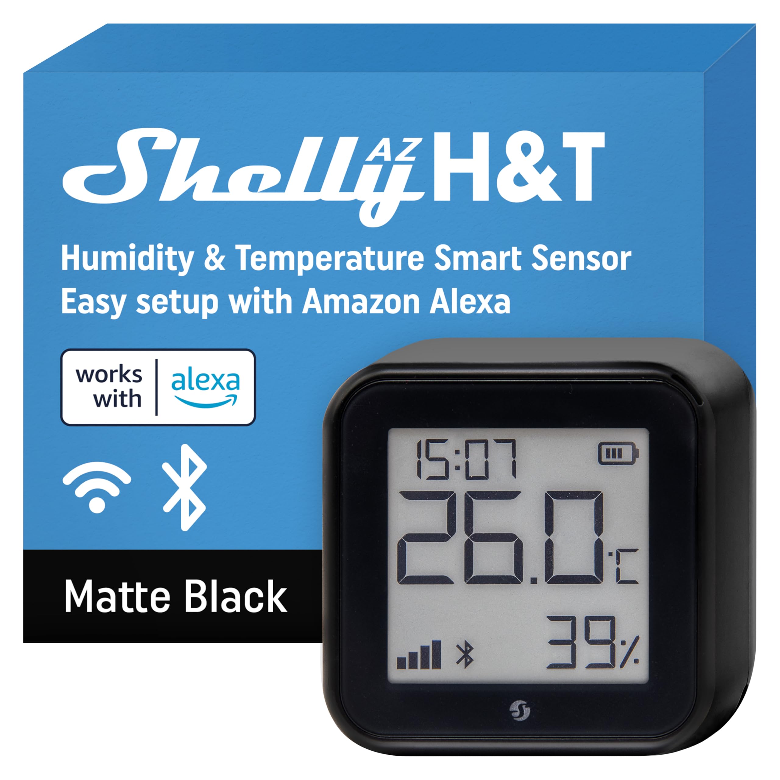 Shelly AZ H&T Nero, Sensore Intelligente di Temperatura e Umidità Wi-Fi, Connessione Rapida con Alexa, Archiviazione Dati, Nessun Hub Richiesto, Scene Intelligenti, Smart Home, Domotica