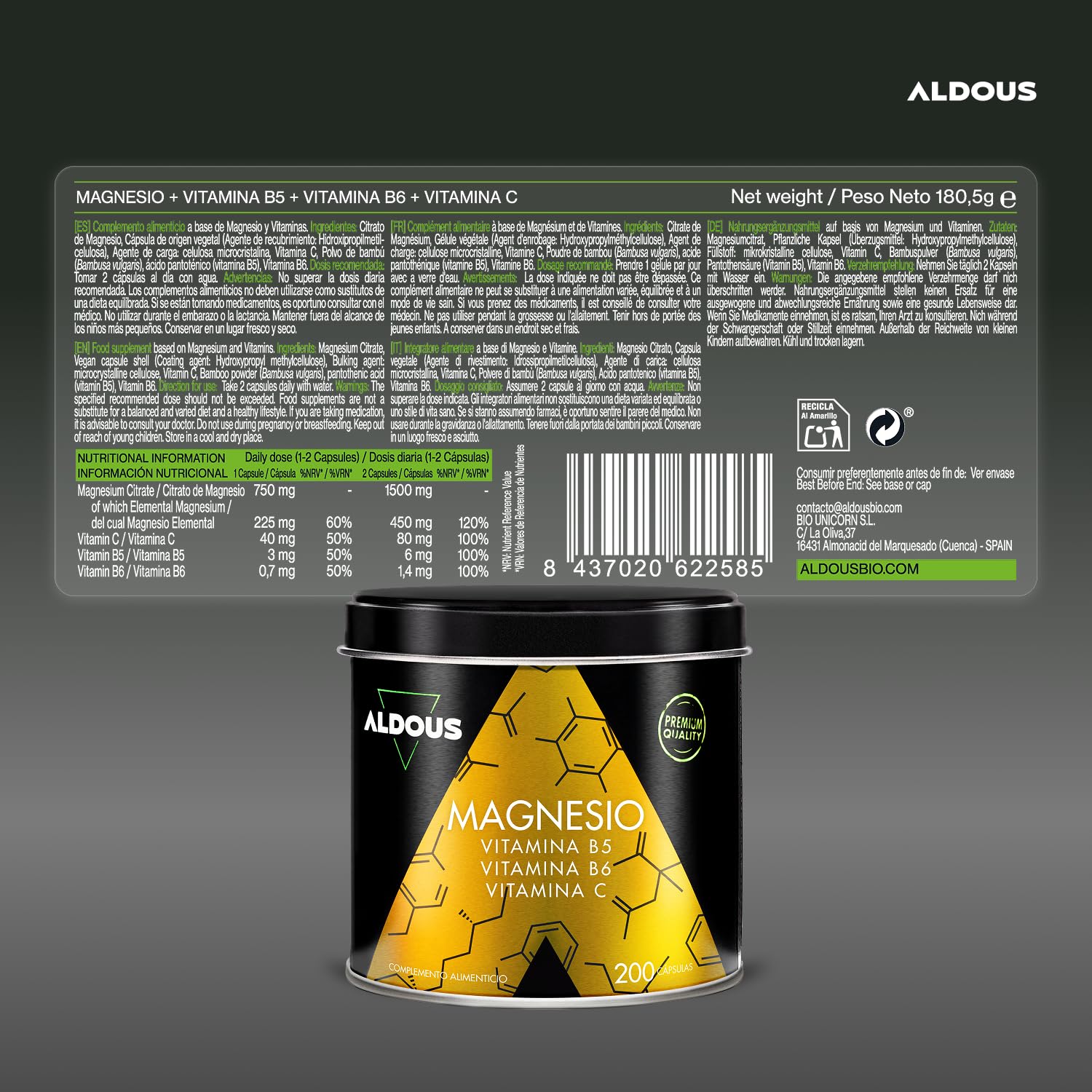 Citrato de Magnesio 1500 mg - 200 Cápsulas - Magnesio Puro 450mg + Vitamina C, B6, B5 Dosis Diaria - Alta Biodisponibilidad - Vitaminas para el Cansancio y Fatiga - ALDOUS