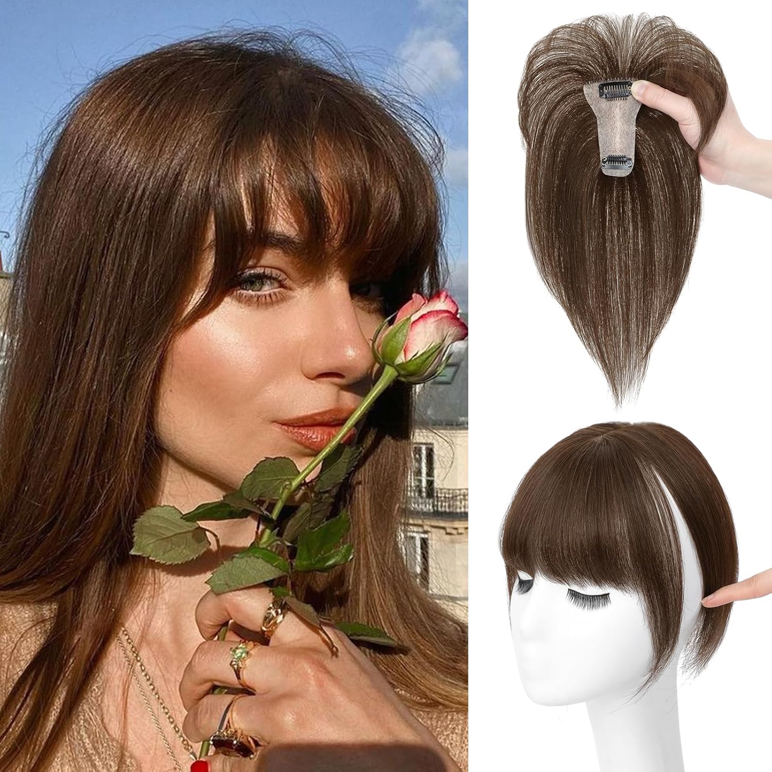 Hair Toppers for Women with Bangs 100% Human Hair 360°3D Cover Fake Bangs Hair Topper with Thinning Newly Upgraded Realistic Scalp with Hairpieces for Daily Wear(Medium Brown) Bangs-9 Inch Medium Brown