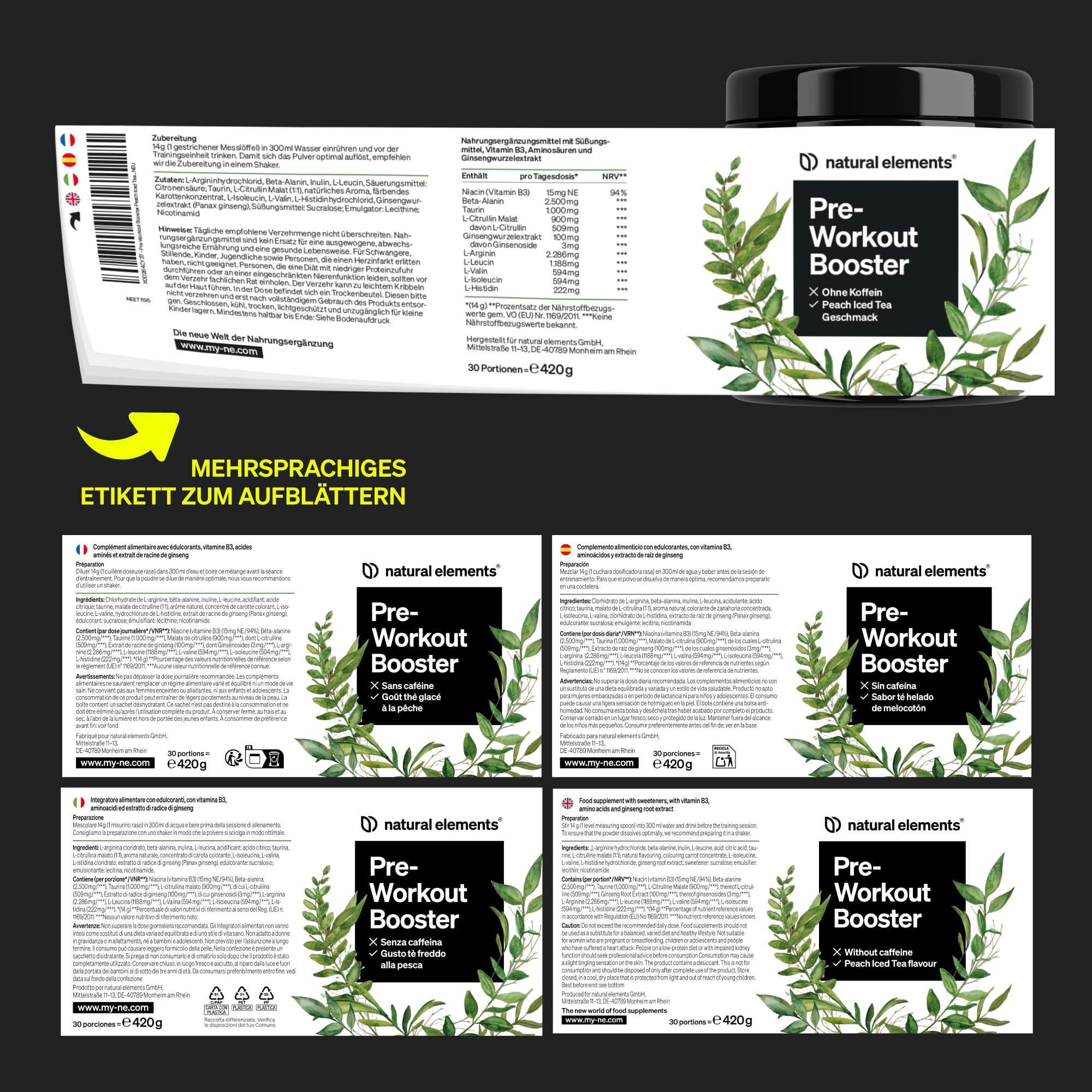 natural elements Pre-Workout Booster 420g – Zero Koffein – Peach Iced Tea Geschmack – mit Niacin, Ginseng & BCAA – vegan, koffeinfrei – in Deutschland produziert & laborgeprüft
