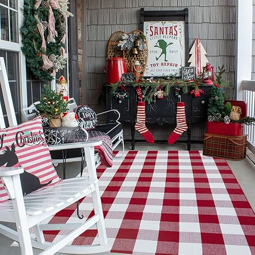 Miniatura 92 de CAINANEL Buffalo - Alfombra de algodón a cuadros de 5 x 7 pies, tejida a mano para interiores y exteriores, alfombra de área para puerta de Tela