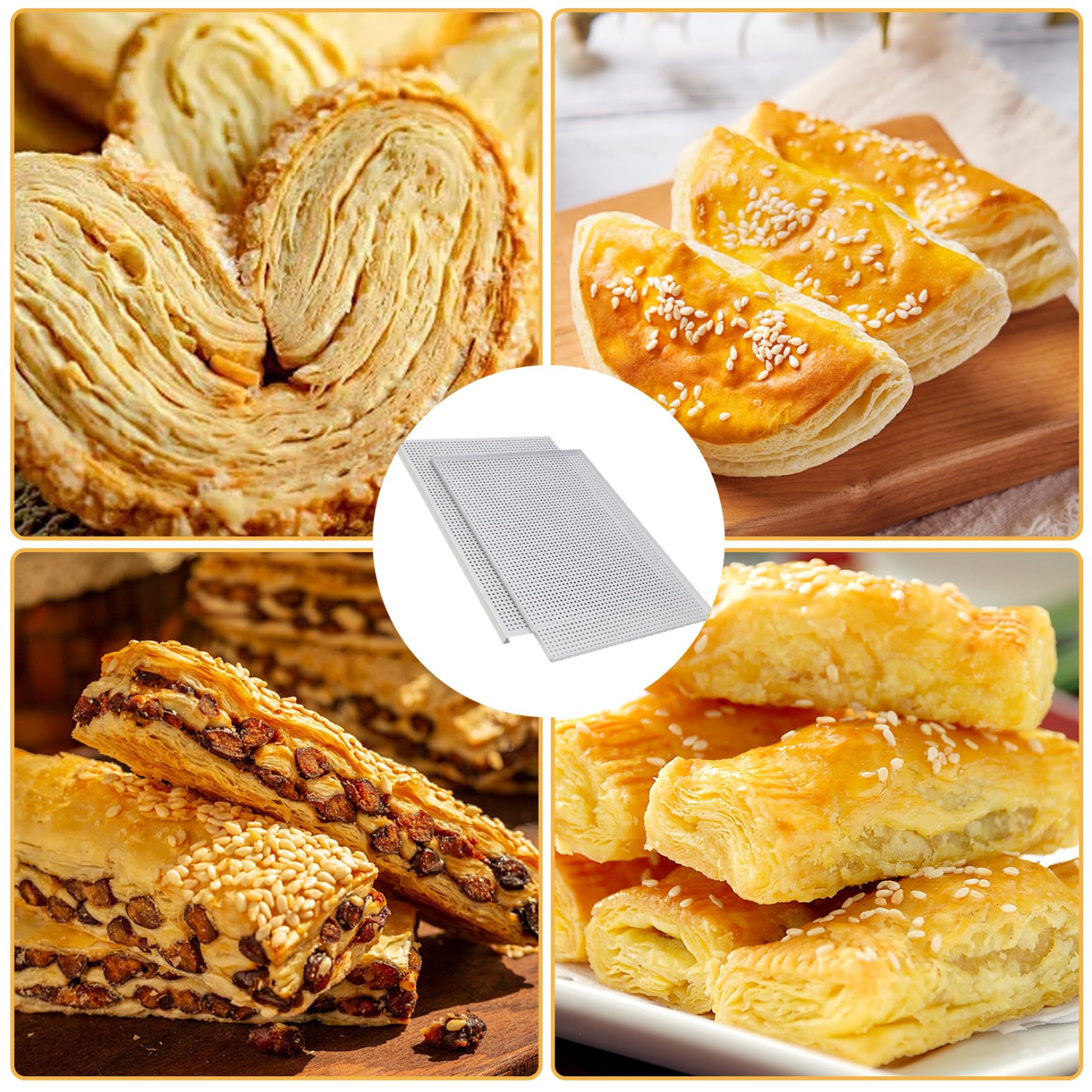 Hojas de hojaldre para hornear 2 unids/set Bandeja para hornear perforada de aleación de aluminio de grado alimenticio Bandeja antiadherente Mille Feuille multiusos para postre de carne