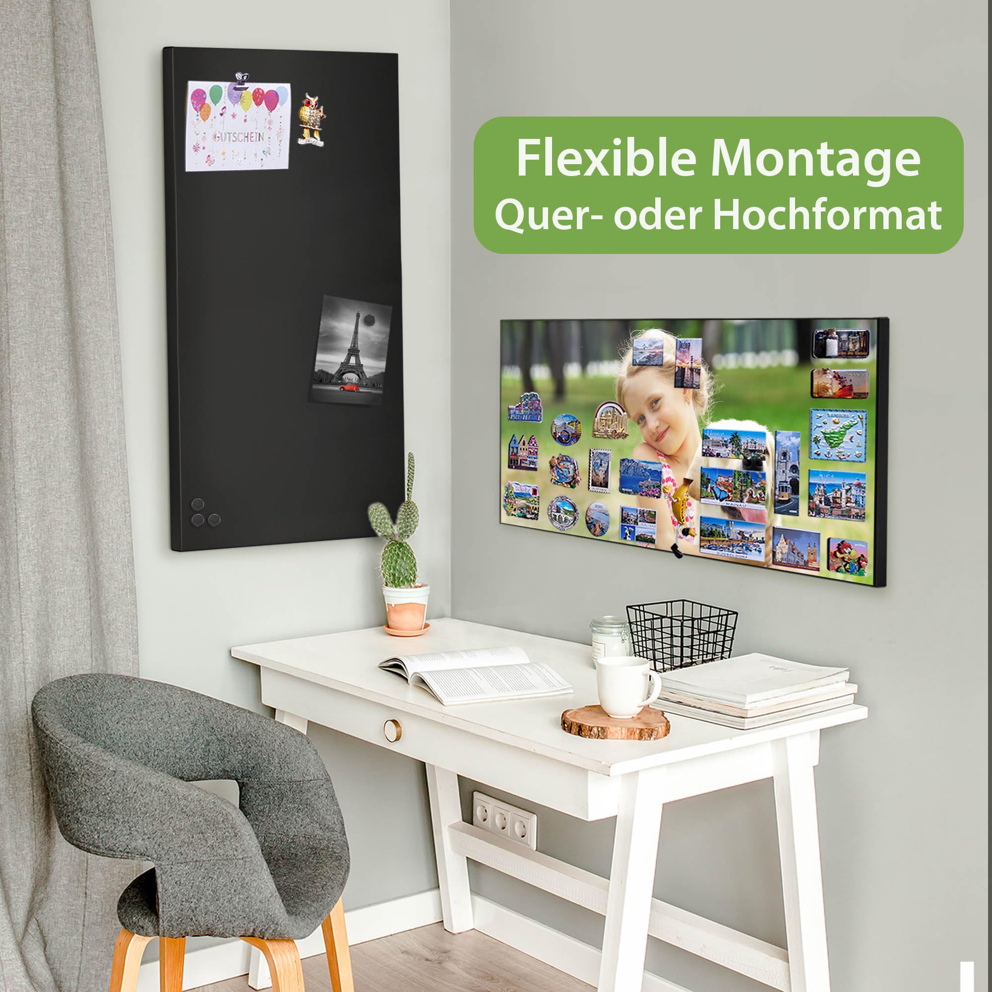 banjado Magnettafel Metall 78 x 37cm - beschreibbare Magnettafel - Metall Pinnwand als Memoboard - Magnetwand Küche, Büro, Kinderzimmer Schwarz inkl. 4 Magnete & Montageset - Motiv Wunschmotiv
