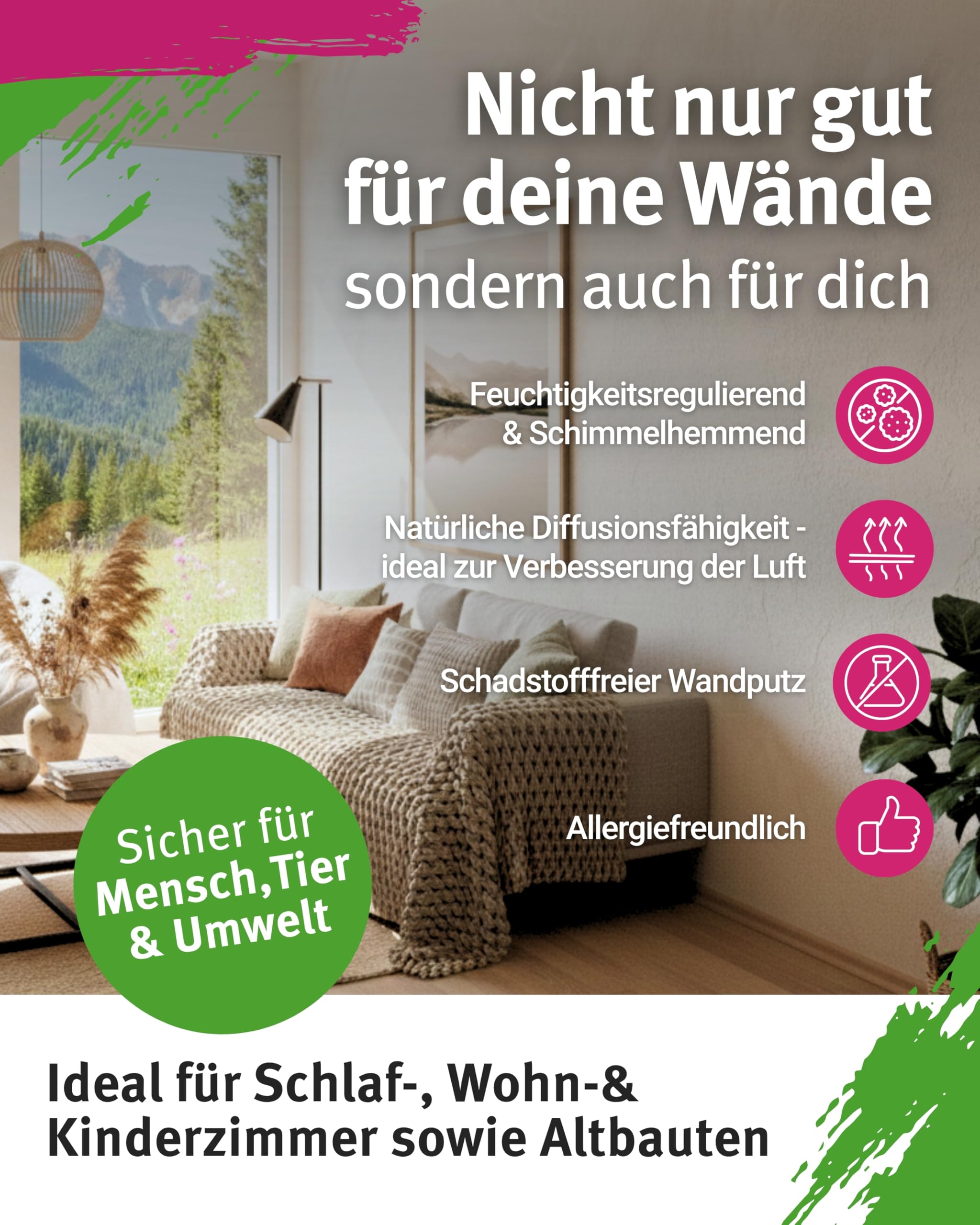 Starter-Set I Feiner Rollputz Innen 7 kg + Tiefengrund 2,5 l für ca. 20m² I 0,5 mm Körnung I Inkl. 18 & 10cm Spezialrollen, 21 x 25cm Abstreifgitter & Quirl I Atmungsaktiv & schimmelhemmend