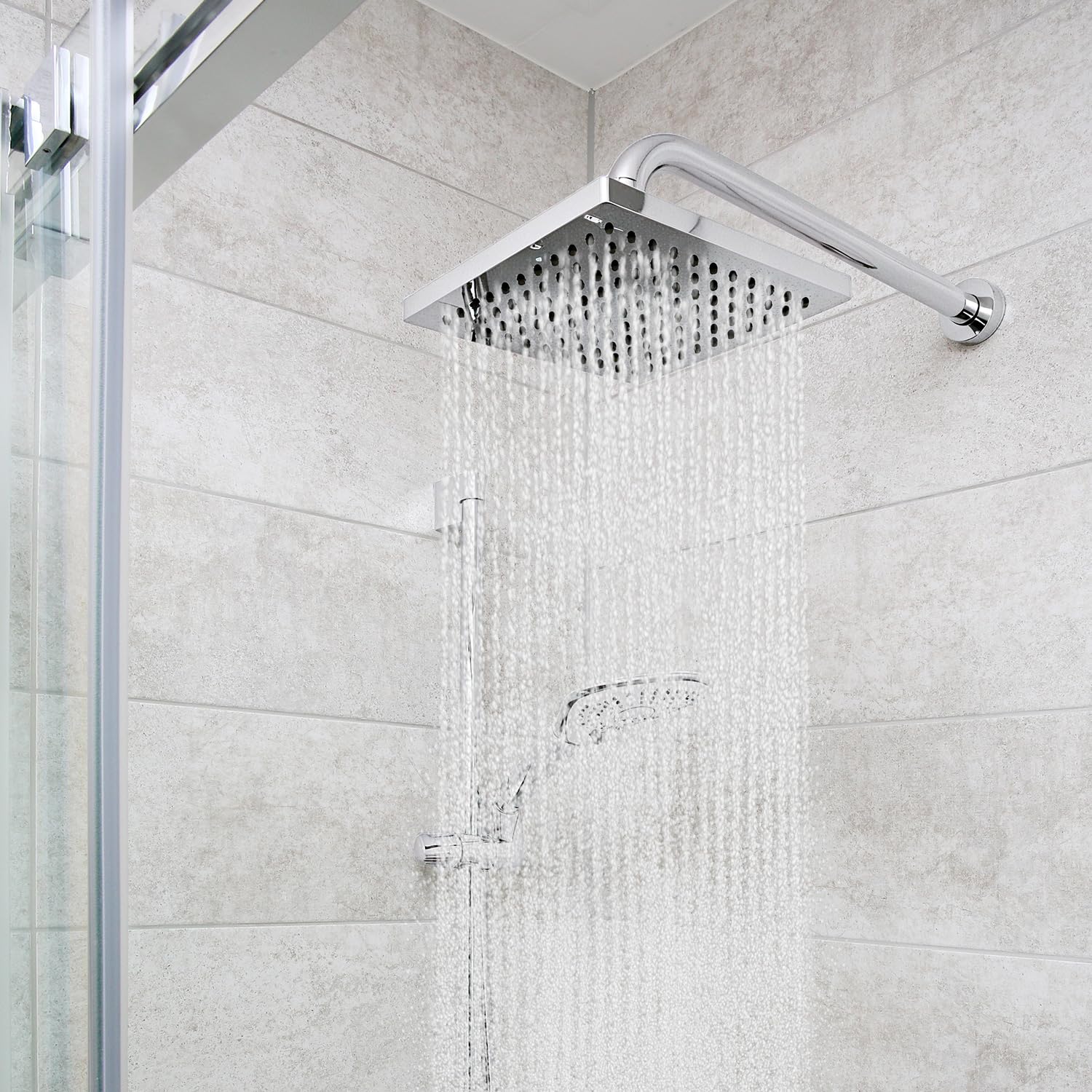QWORK® 20 CM Soffione Doccia a Pioggia Quadrato in Acciaio Cromato - Angolo regolabile, montaggio standard, facile sostituzione