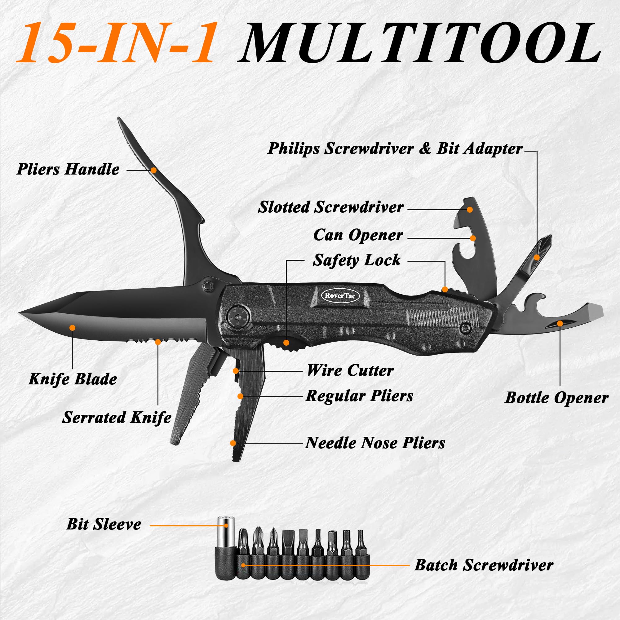 RoverTac Multitool scyzoryk dla mężczyzn, prezent: składany nóż survivalowy, nóż kempingowy, szczypce, otwieracz do puszek, zestaw 9 śrubokrętów, z zamkiem zabezpieczającym, nylonowa pochwa, prezent
