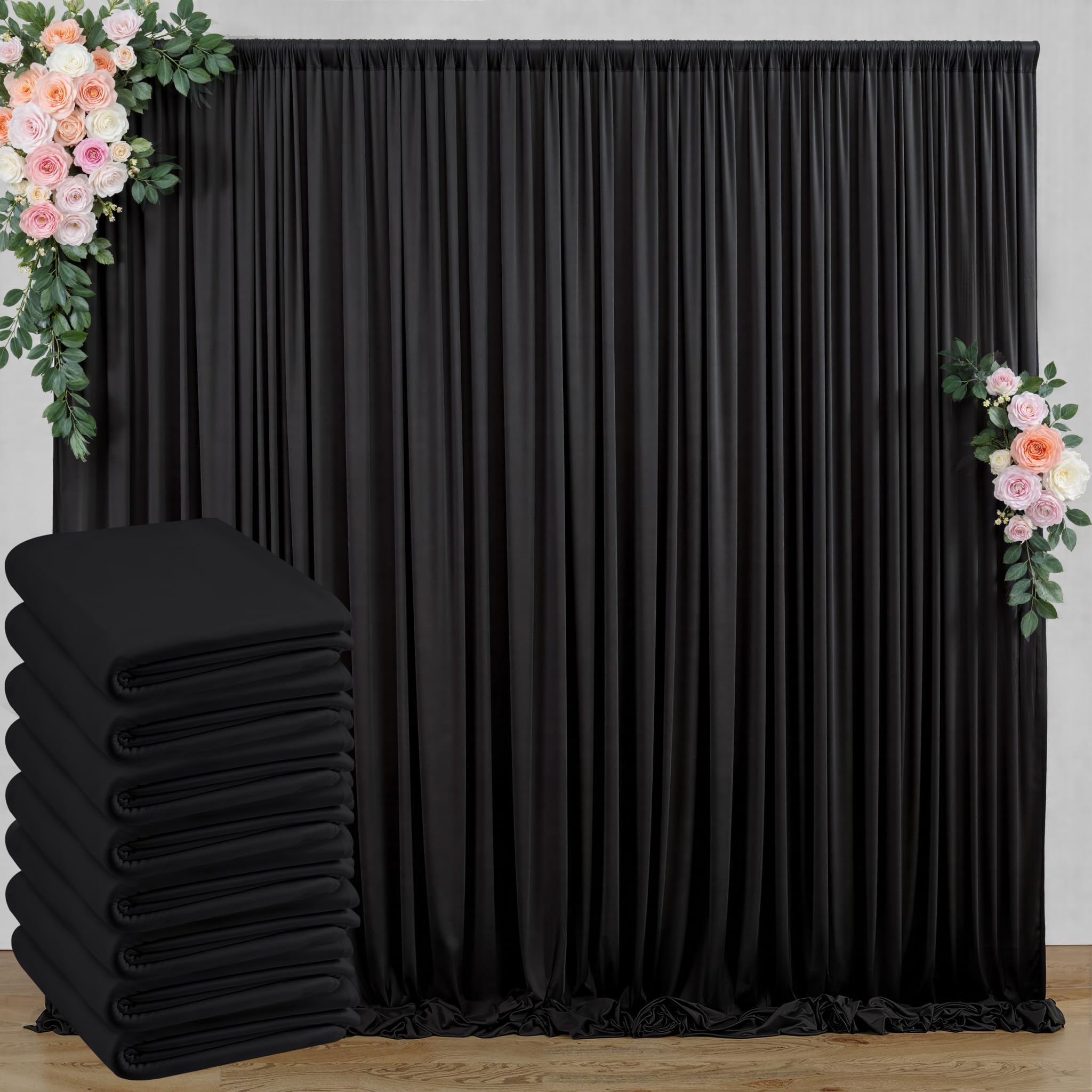 Photo 1 of 40 ft x 10 ft Wrinkle Free Black Backdrop Curtain for Parties, 8 Panels 10ft Polyester Black Photo Backdrop Drapes for Graduation Birthday Wedding Party Stage Curtains, Thick Bulk Background Curtains
